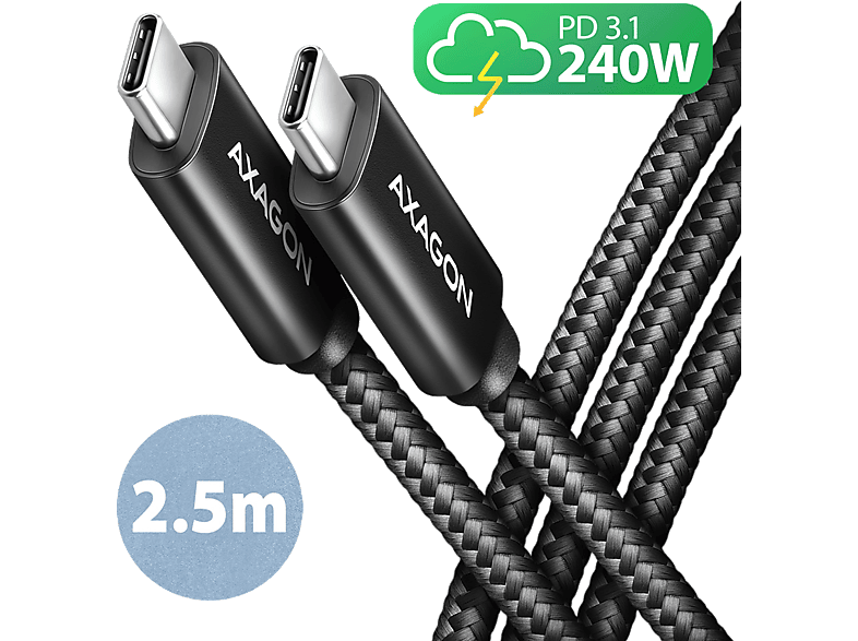 AXAGON USB 2.0 Type-C - töltő kábel, PD 3.1, max 240W, 2,5 méter, fekete (BUCM2-CM25AB)