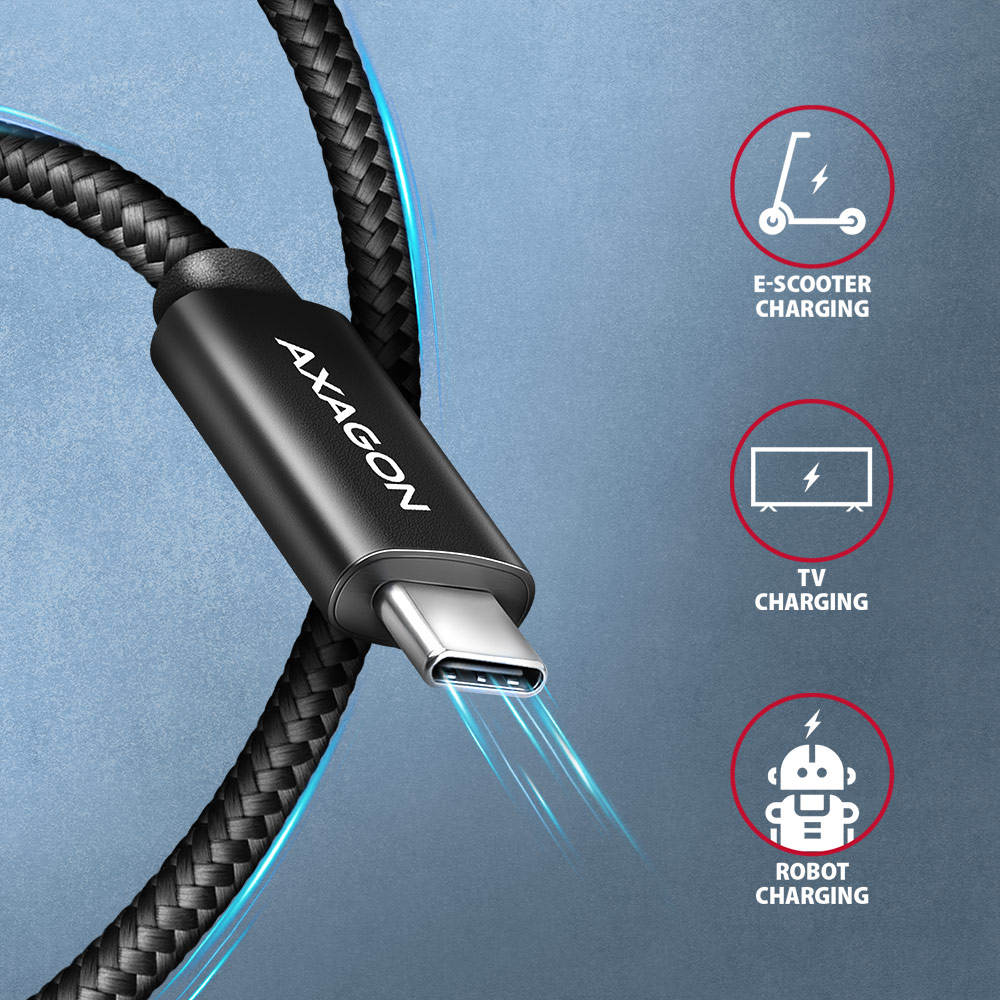 Fekete fonott kábel USB-C csatlakozóval és töltési ikonokkal.