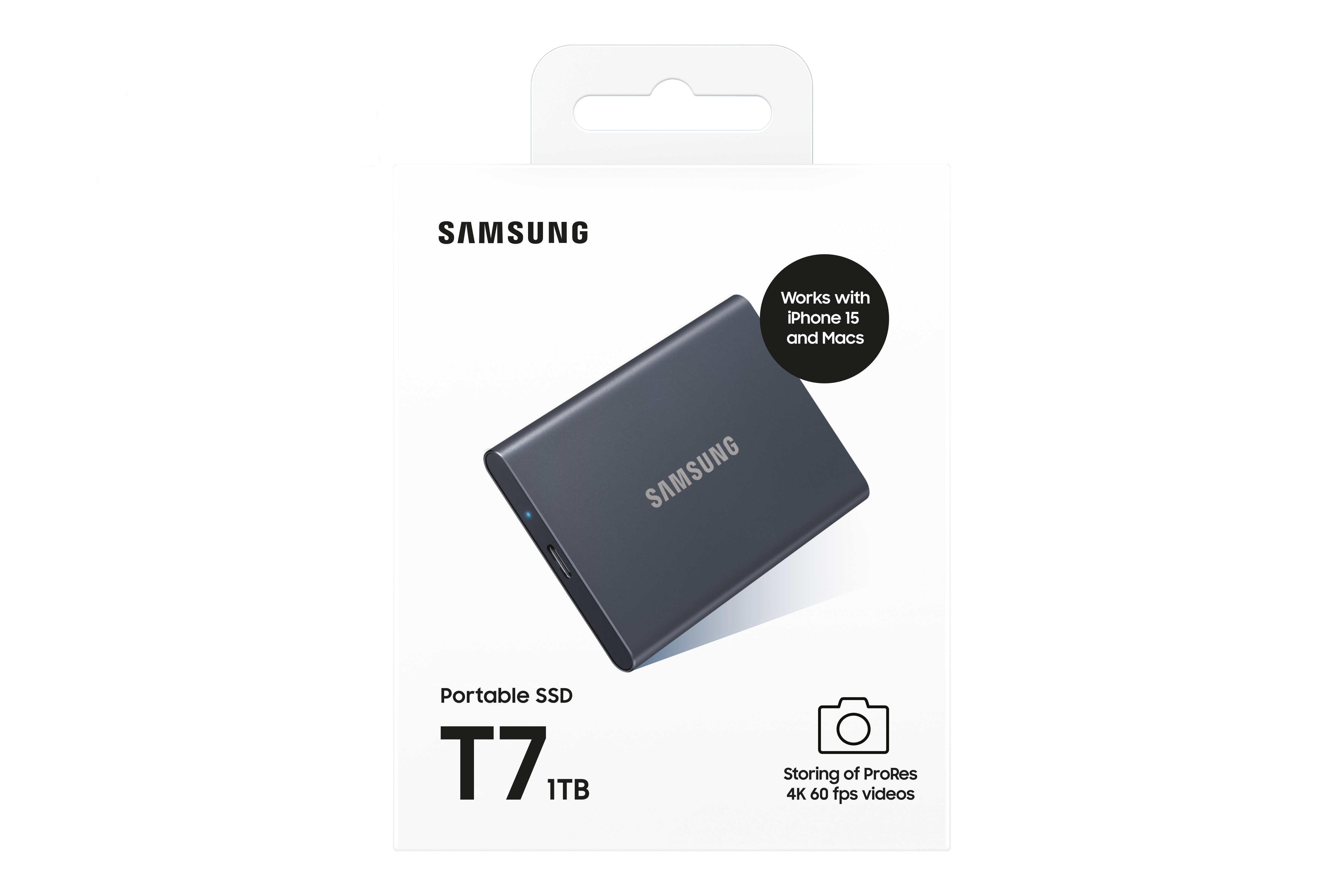 Samsung Portable SSD T7 in einer Box, dunkelgrau. Text: Funktioniert mit iPhone und Macs, 1 TB.
