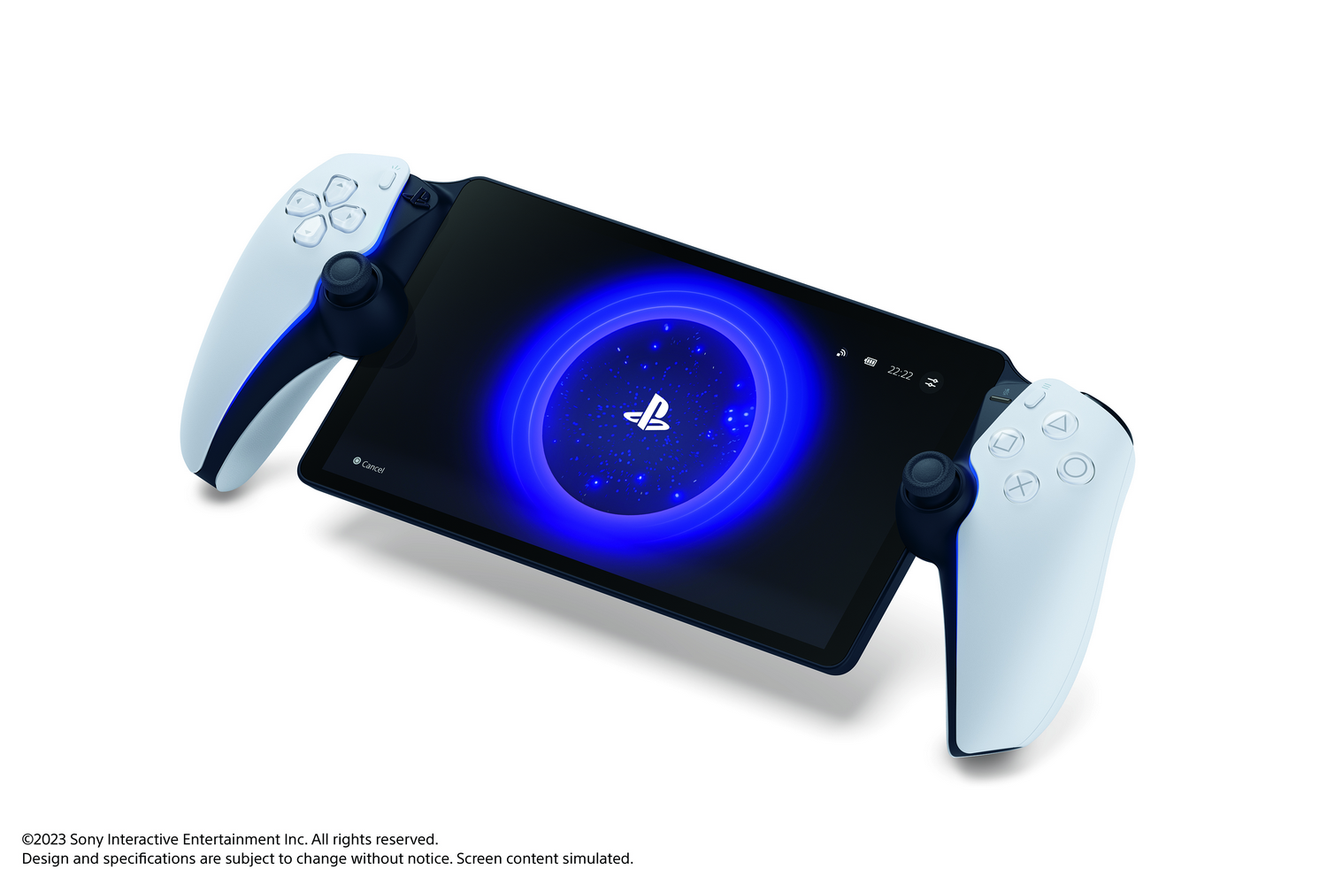 Un dispositivo de juego portátil blanco y negro con una pantalla que muestra un logotipo azul brillante.