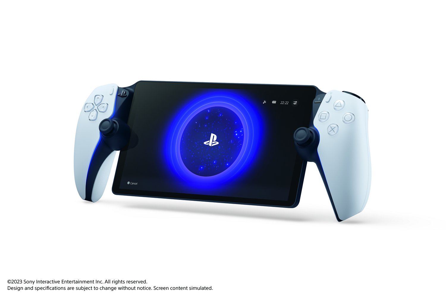 Consola de juegos portátil blanca y azul. La pantalla muestra un círculo azul con el logotipo 'B' blanco.