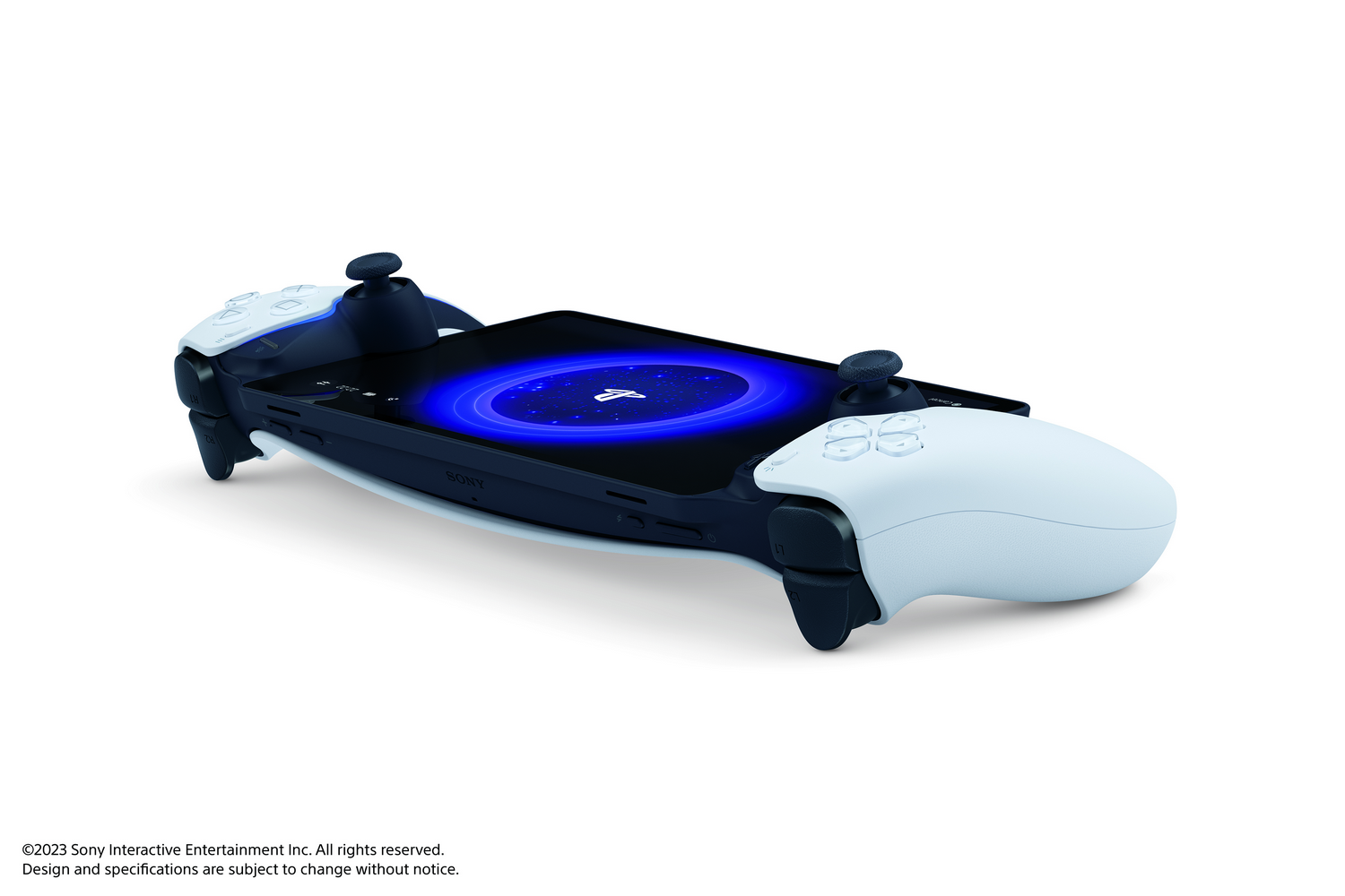 Un dispositivo de juego con pantalla y controles, sobre superficie blanca.