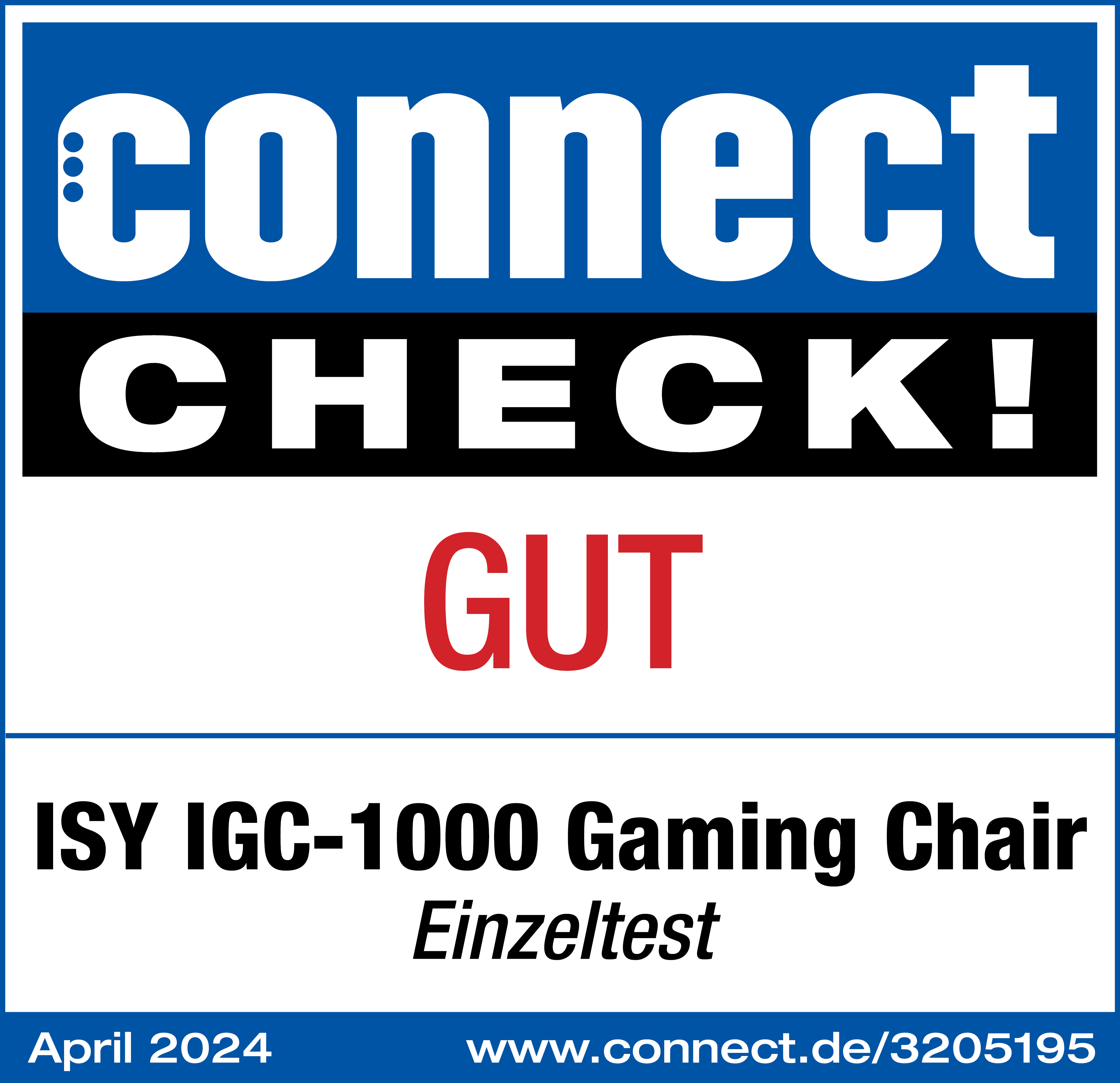 Blau-weißes 'connect CHECK!'-Label mit rotem 'GUT'-Text, April 2024.
