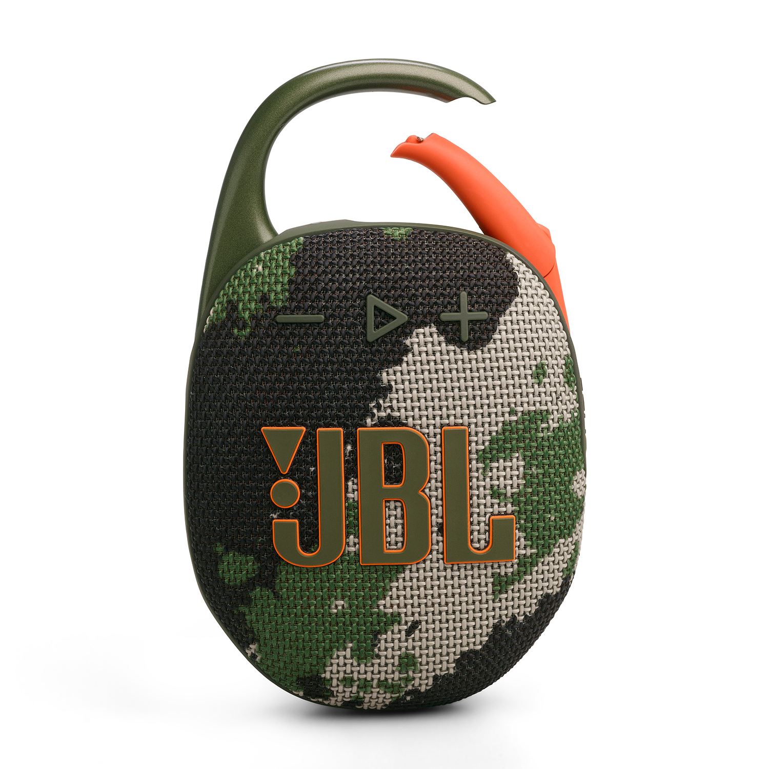 Altoparlante JBL Clip, motivo mimetico, con clip verde e accento arancione.