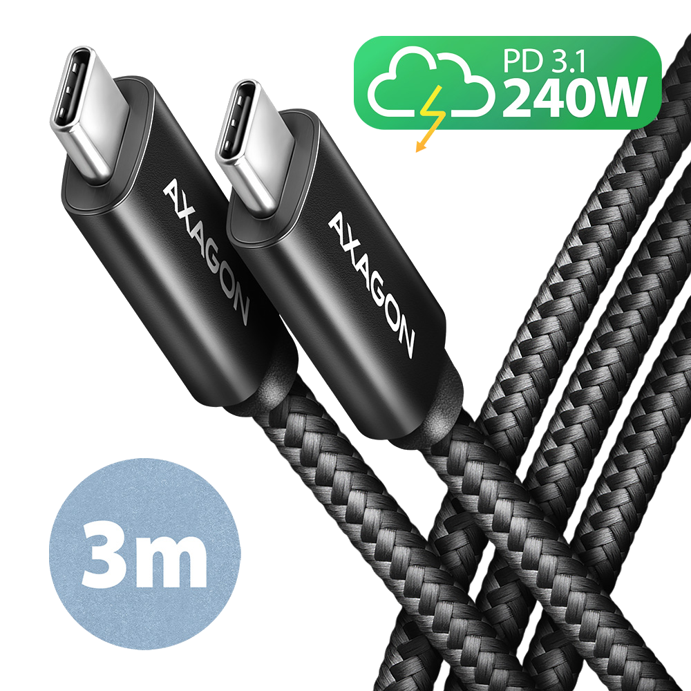 AXAGON USB 2.0 Type-C - töltő kábel, PD 3.1, max 240W, 3 méter, fekete (BUCM2-CM30AB)