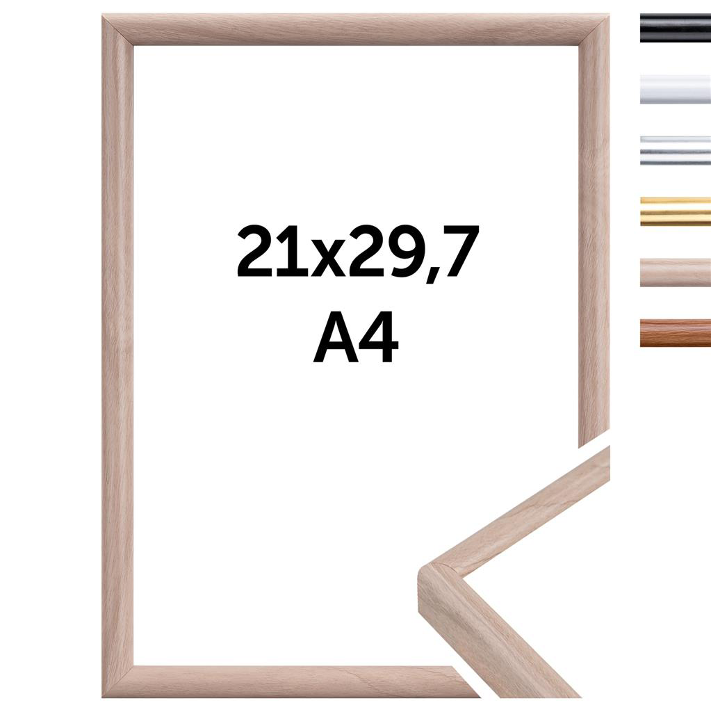 Egy fa képkeret a belsejében a „21x29,7 A4” szöveggel. Fehér háttér és színes keretminták.