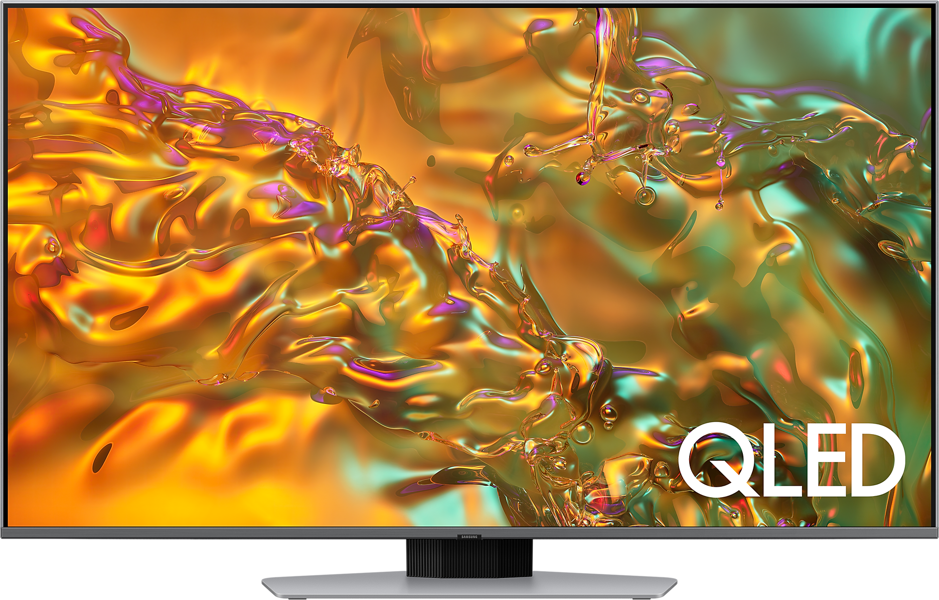 QLED TV képernyő, színes absztrakt képekkel. Ezüst keret, állvánnyal.