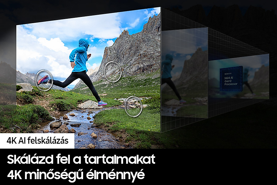 Egy személy fut a tájon. Szöveg: Skálázd fel a tartalmat 4K minőségű élményre.