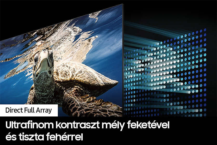 A képernyő egy víz alatti jelenetet mutat teknőssel. A szöveg: Direct Full Array.