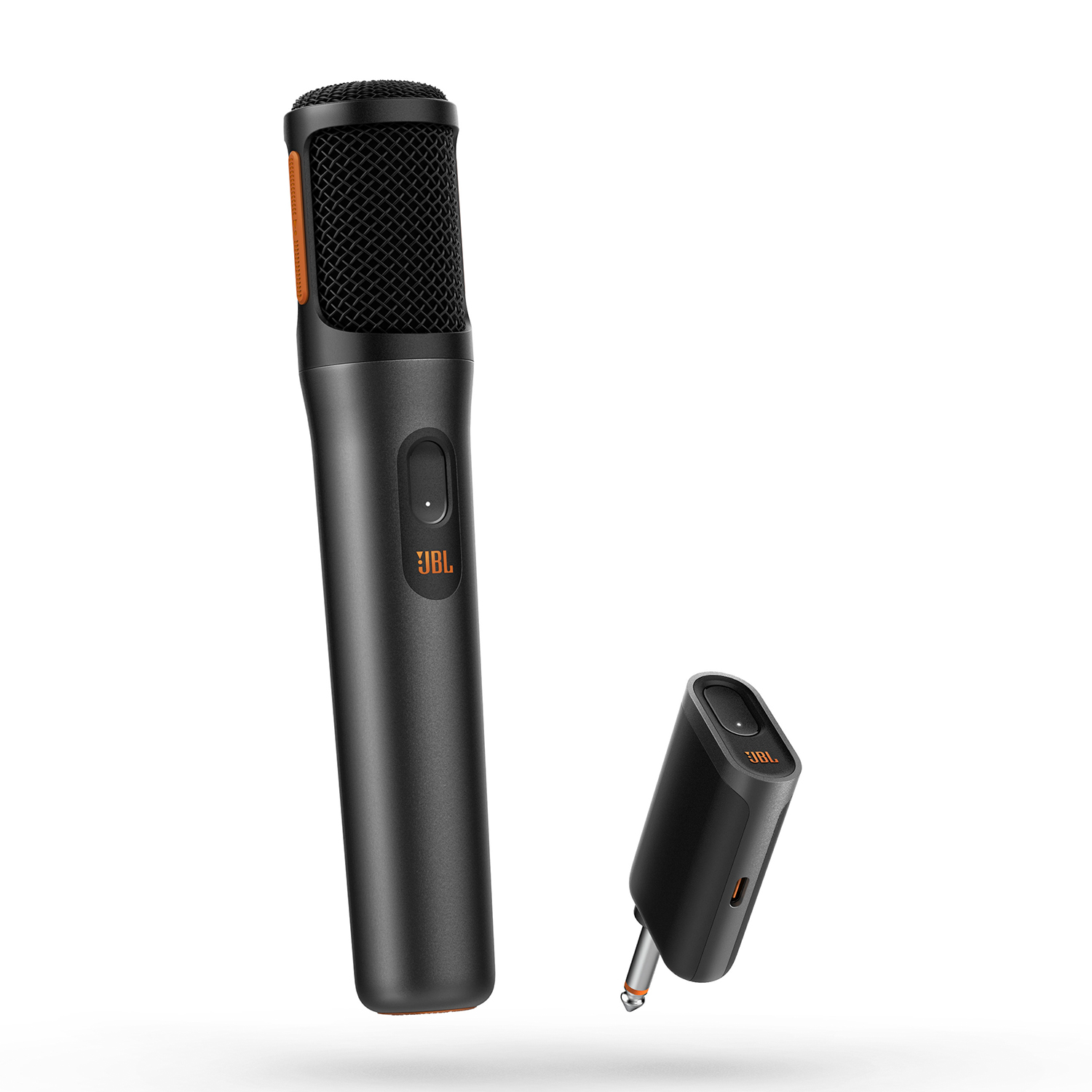 Un microfono JBL nero e un piccolo ricevitore. Entrambi hanno accenti arancioni.