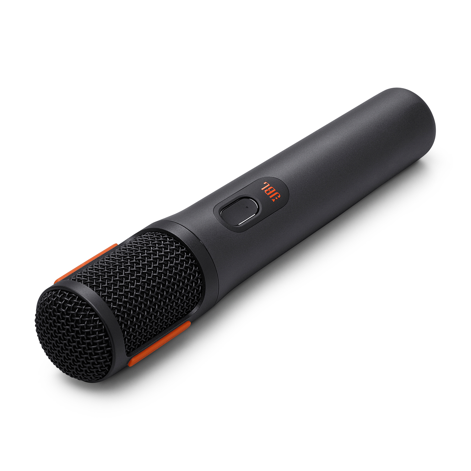 Microfono nero con dettagli arancioni e logo JBL.