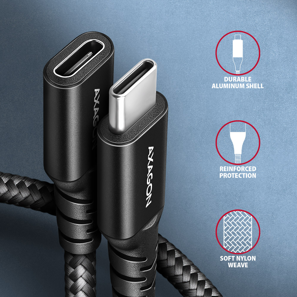 Két fekete USB-C kábel, fonott kábellel és három funkciót jelző ikonnal.