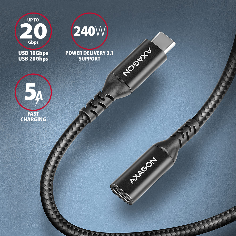 Fekete USB-C kábel márkajelzéssel, bal oldalon adatokkal. 20 Gbps, 240 W-os tápellátást mutat.
