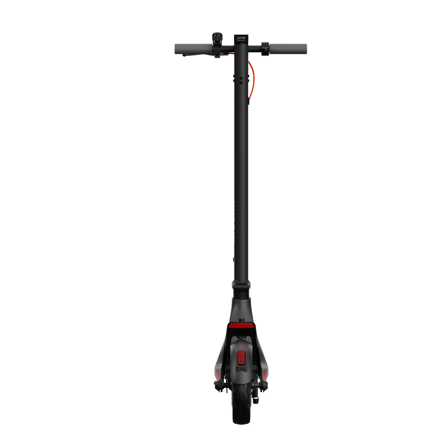 Black electric scooter, straight view. Handlebars, stem, and rear wheel are visible.
