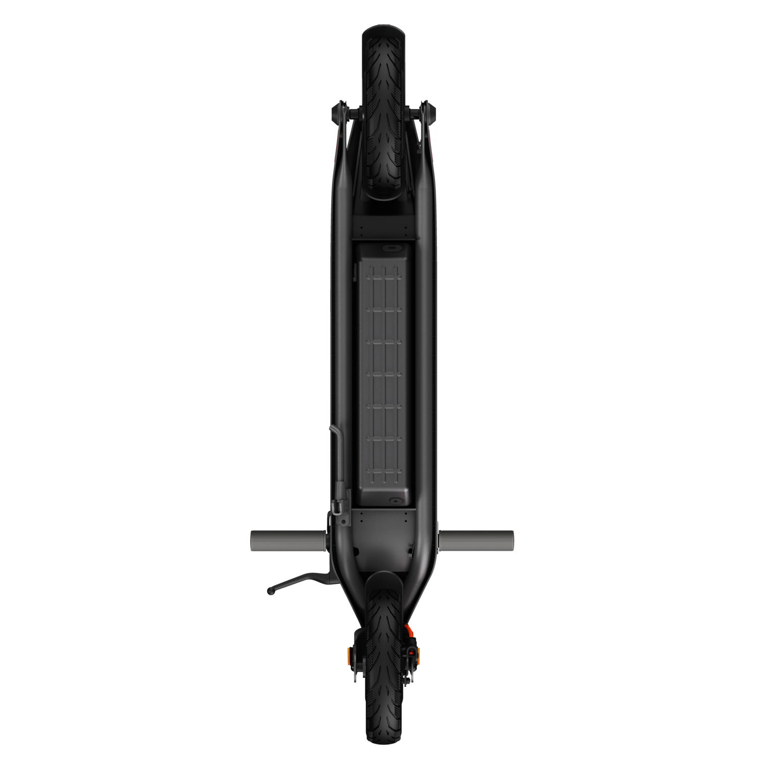 Top-down view of a black electric scooter on a white background.