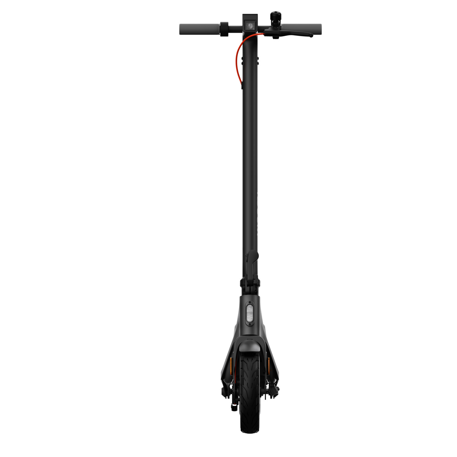 Black electric scooter. T-shaped handlebars, red cable, black wheels on a white background.
