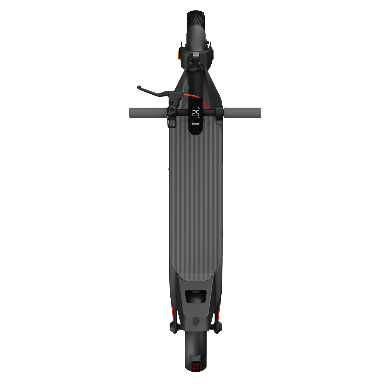 Top-down view of a black electric scooter on a white background.