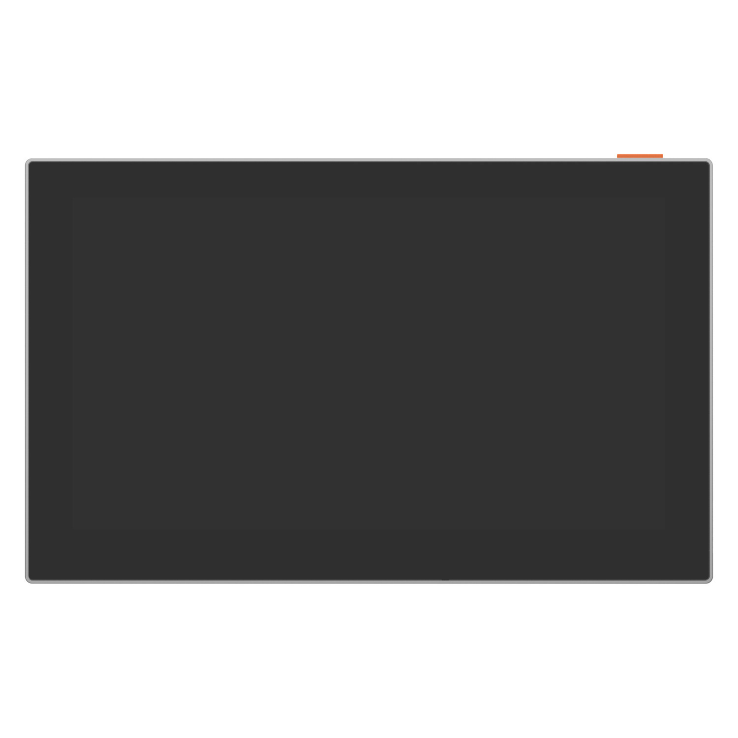Large black screen with a thin silver frame and an orange indicator light.