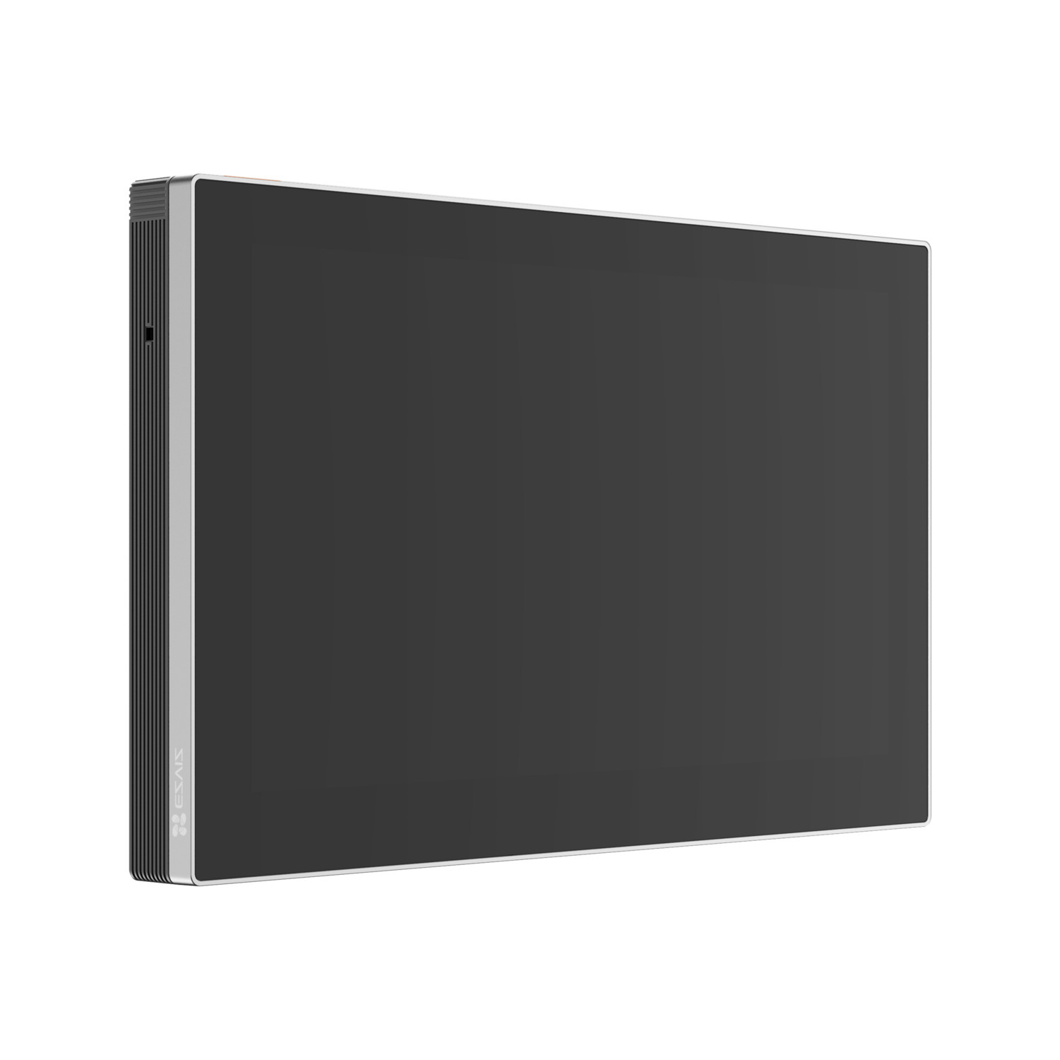 A large, black, rectangular display screen with a silver frame, mounted on a wall.