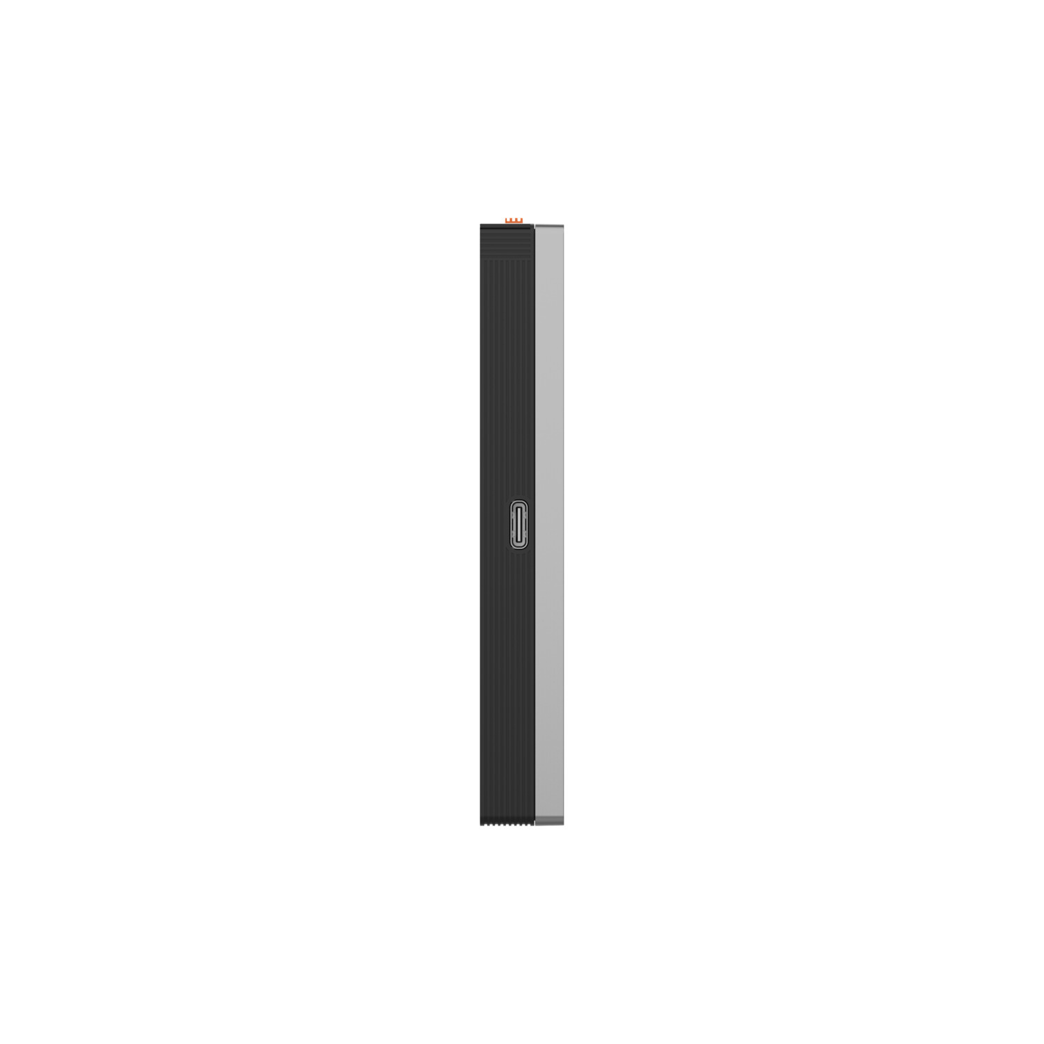 Black and silver external hard drive, vertical, white background.
