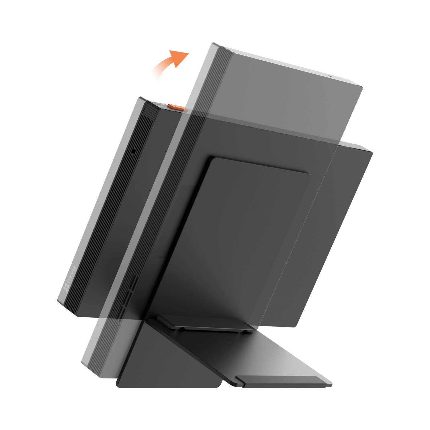 A black computer screen that is tilted and supported by a stand.