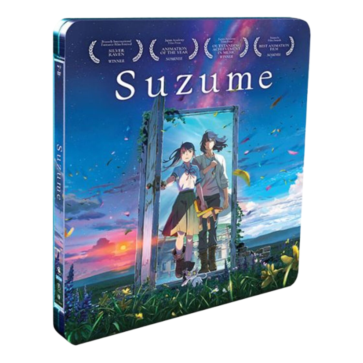 Suzume filmcover met anime-personages, deur en awards. Blauwe lucht op de achtergrond.