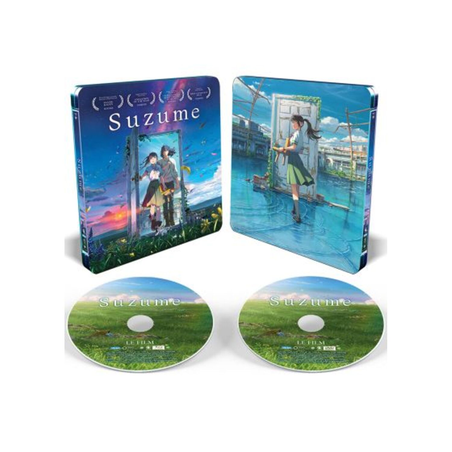Twee Blu-ray-hoesjes en twee cd's van de animefilm 'Suzume'. De covers tonen anime-personages.