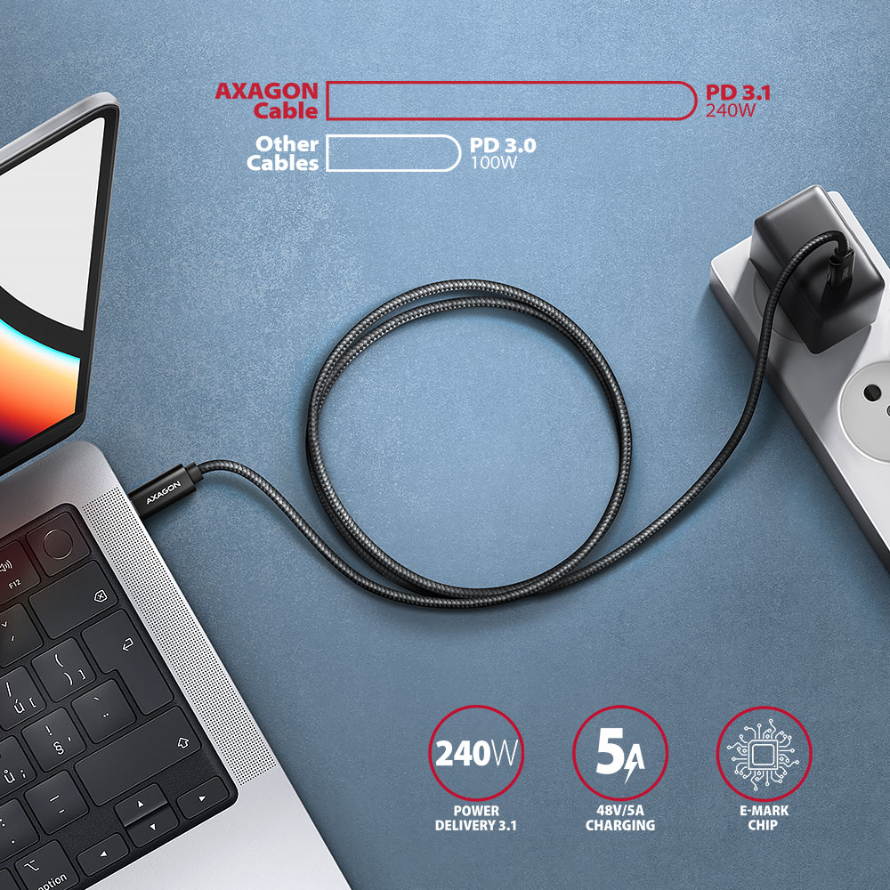 Laptop csatlakoztatott töltőkábellel, a diagram PD 3.1-et, 240 W-os teljesítményt és specifikációkat mutat.