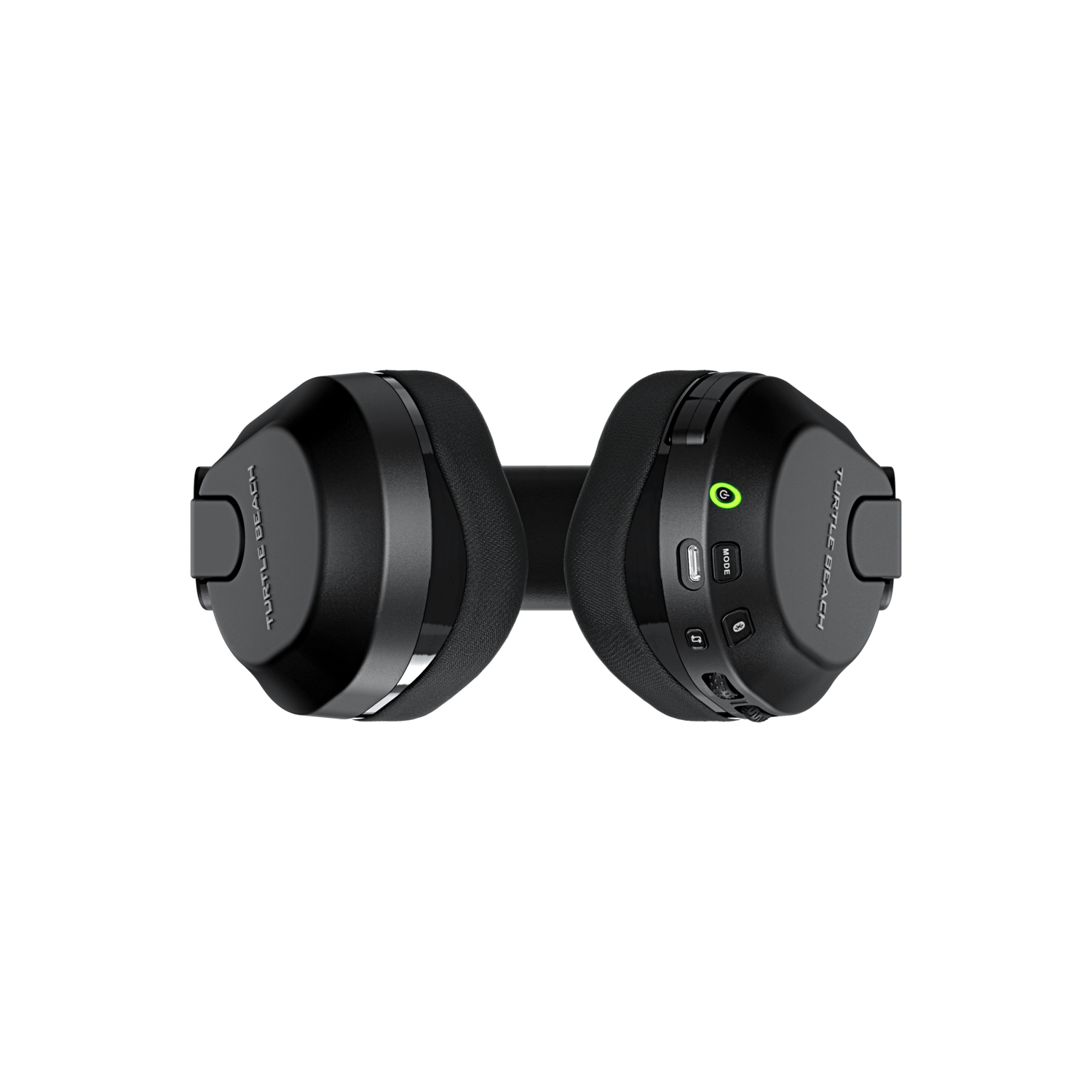 Black Turtle Beach headphones. The headphones are facing up on a black background.