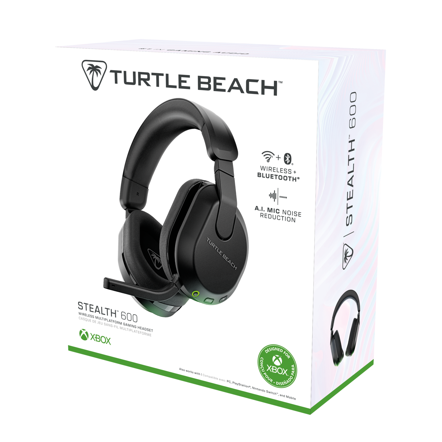 Black gaming headset in a white box with text and a graphic of the headset.
