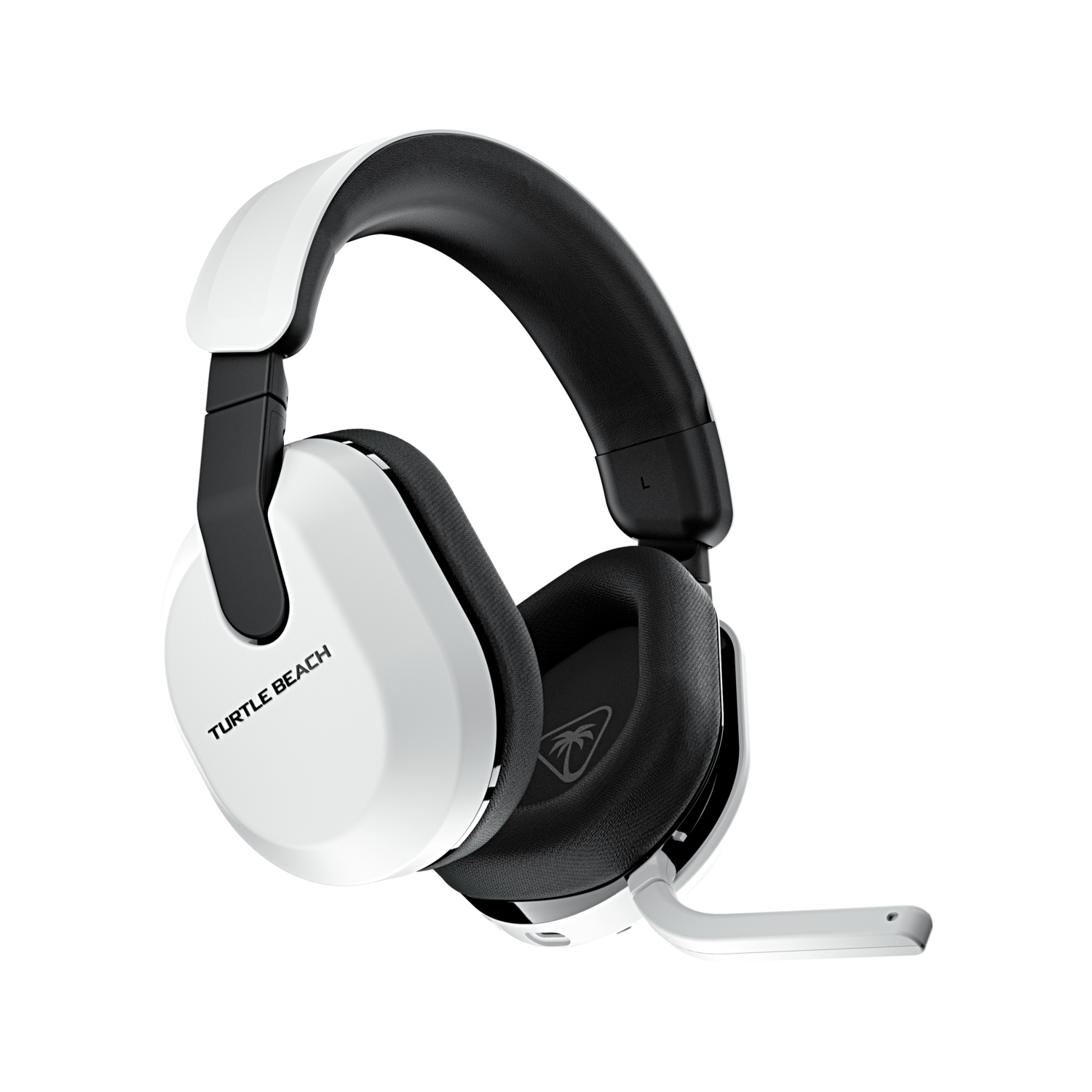 Casque de jeu Turtle Beach blanc et noir, avec microphone étendu, sur fond noir.