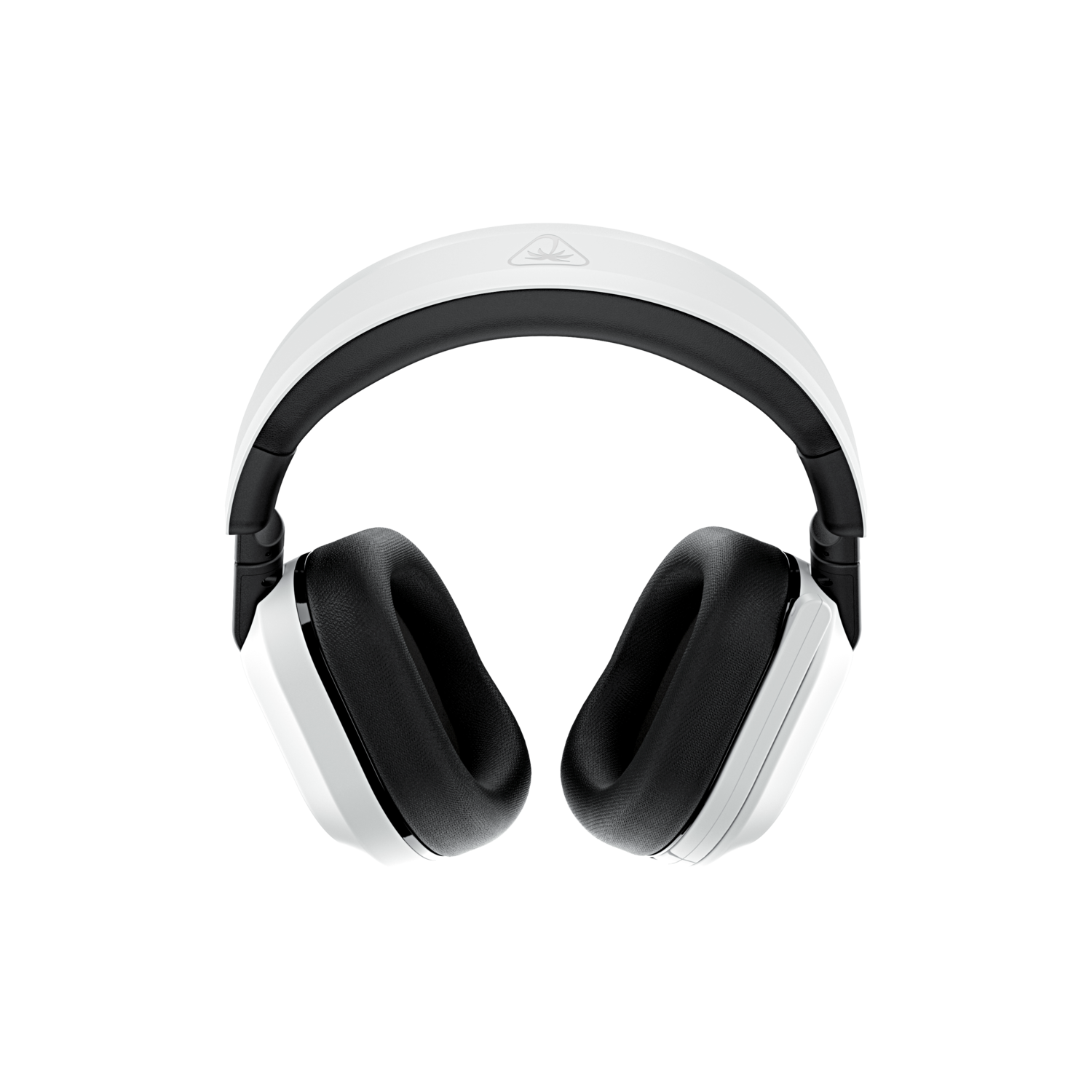 Casque de jeu blanc et noir, fond noir, montrant les oreillettes et le bandeau.