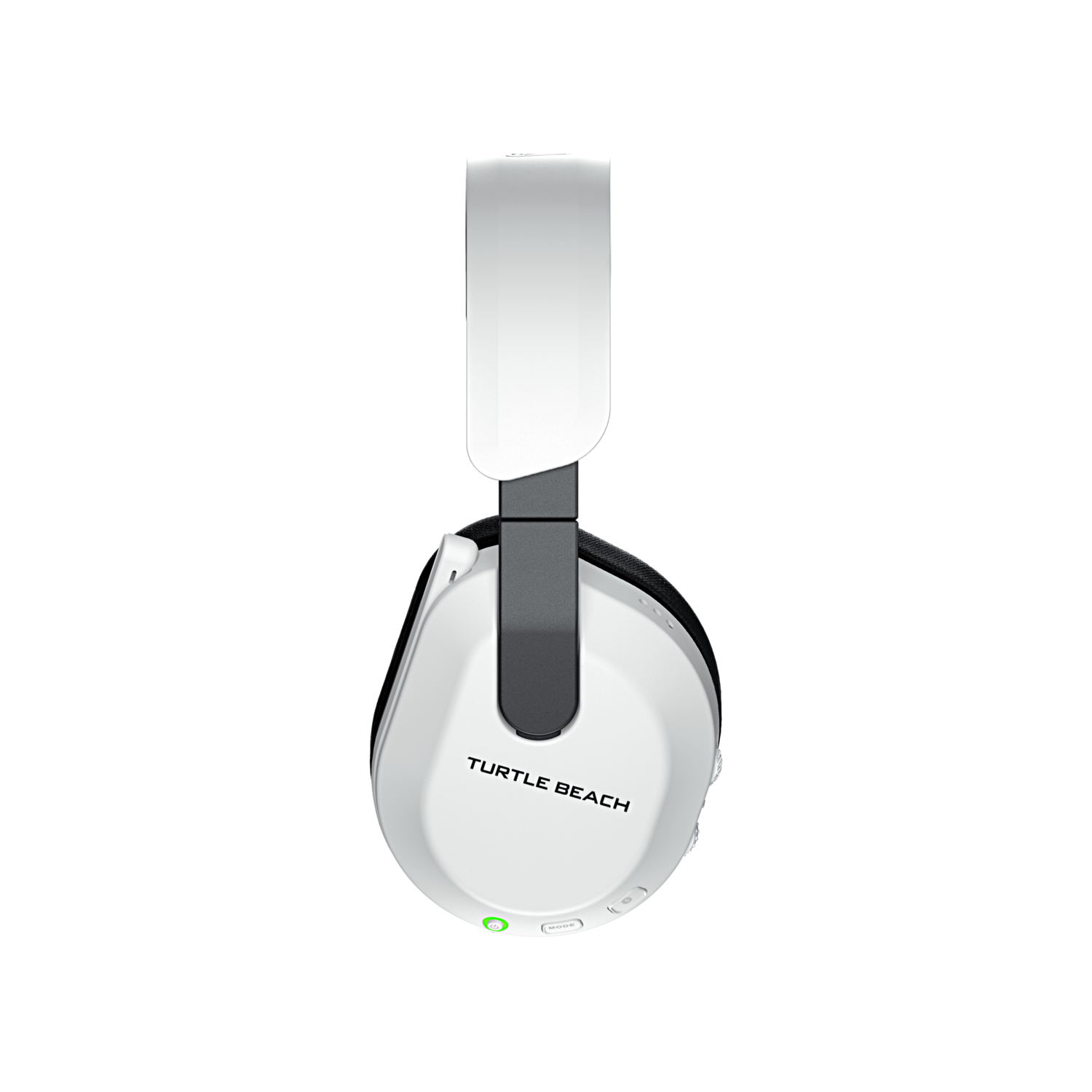 Casque Turtle Beach blanc avec des accents noirs, vu d'en haut. Sur fond noir.