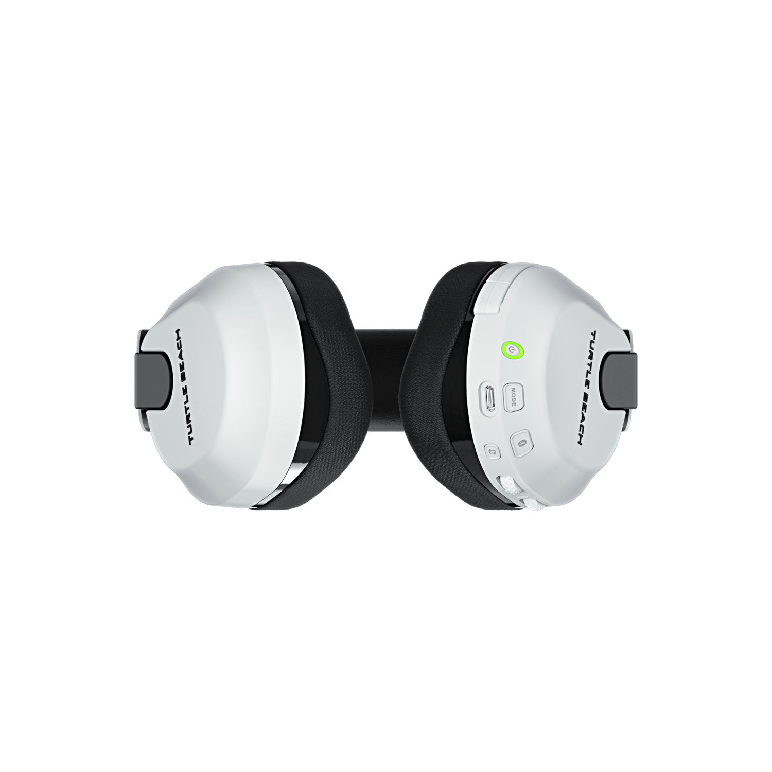 Casque blanc avec rembourrage et boutons noirs. La marque Turtle Beach est visible.
