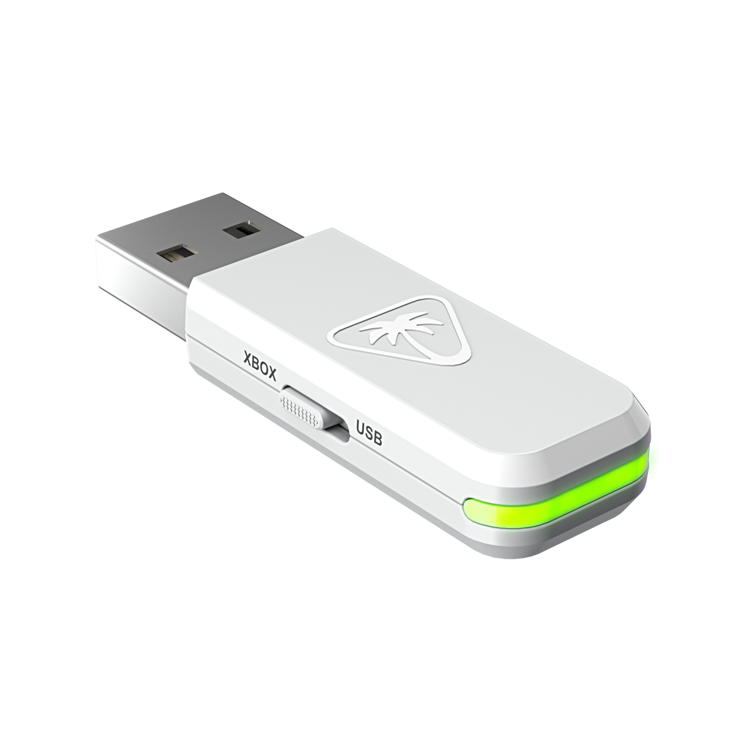 Adaptateur de manette Xbox blanc avec une lumière verte et connecteur USB.
