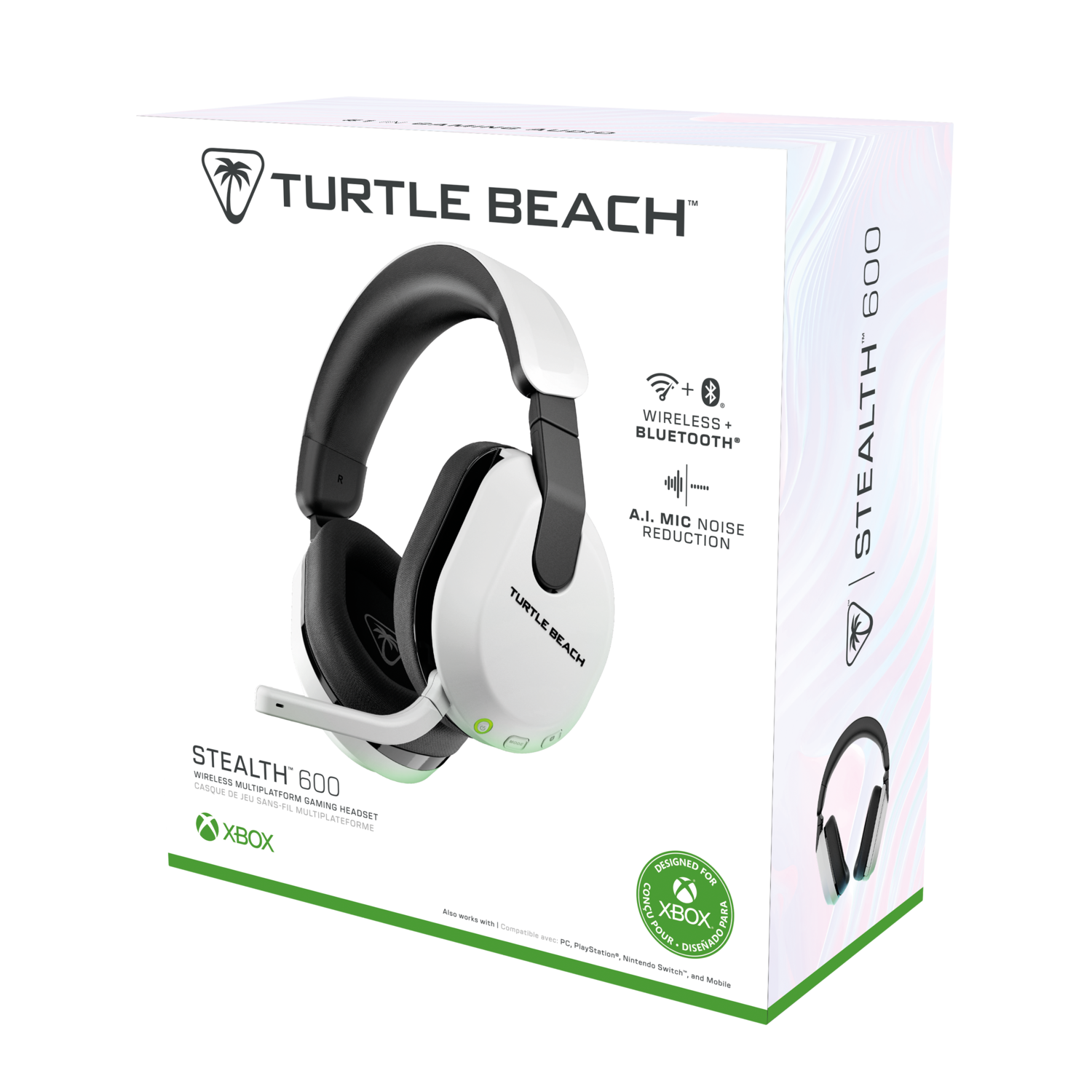 Casque gaming blanc et noir dans sa boîte, avec texte et images du casque.