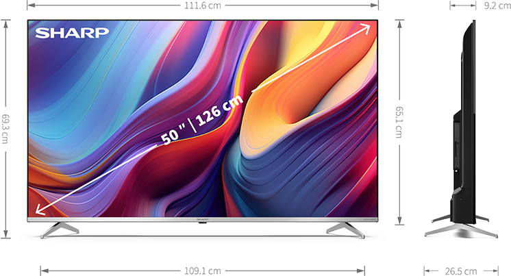 Egy nagy TV színes képpel, méretekkel és a SHARP logóval.
