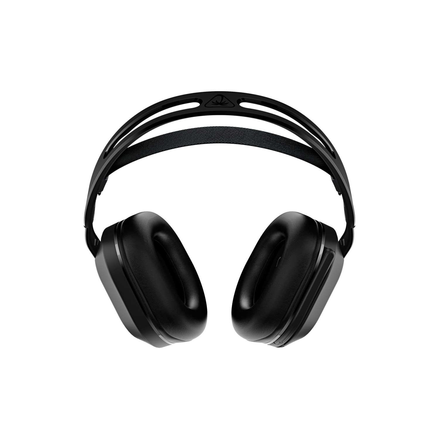 Casque noir, vue de dessus, sur fond noir. Le design est élégant et moderne.