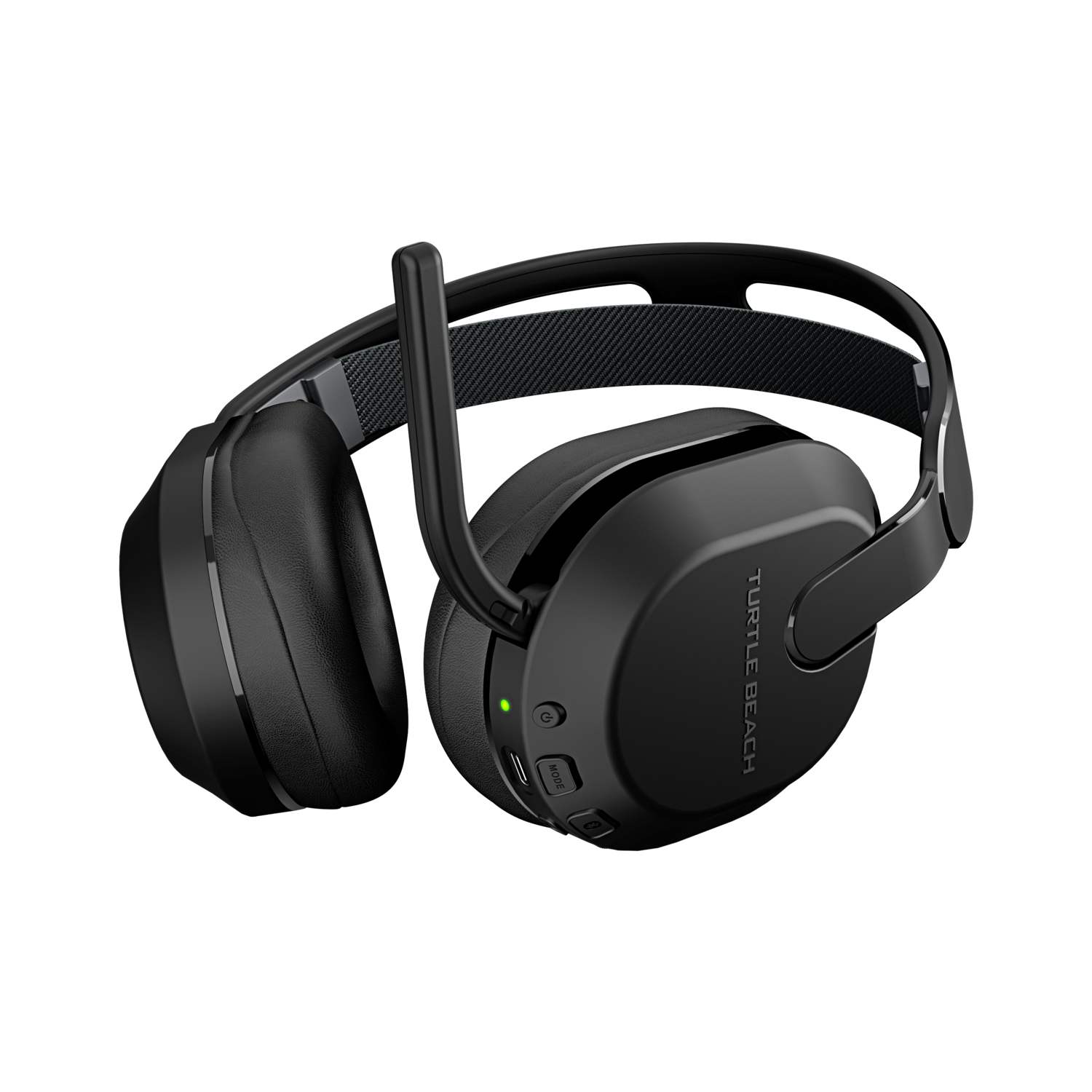 Casque Turtle Beach noir avec micro déployé. Commandes et marque visibles. Fond noir.