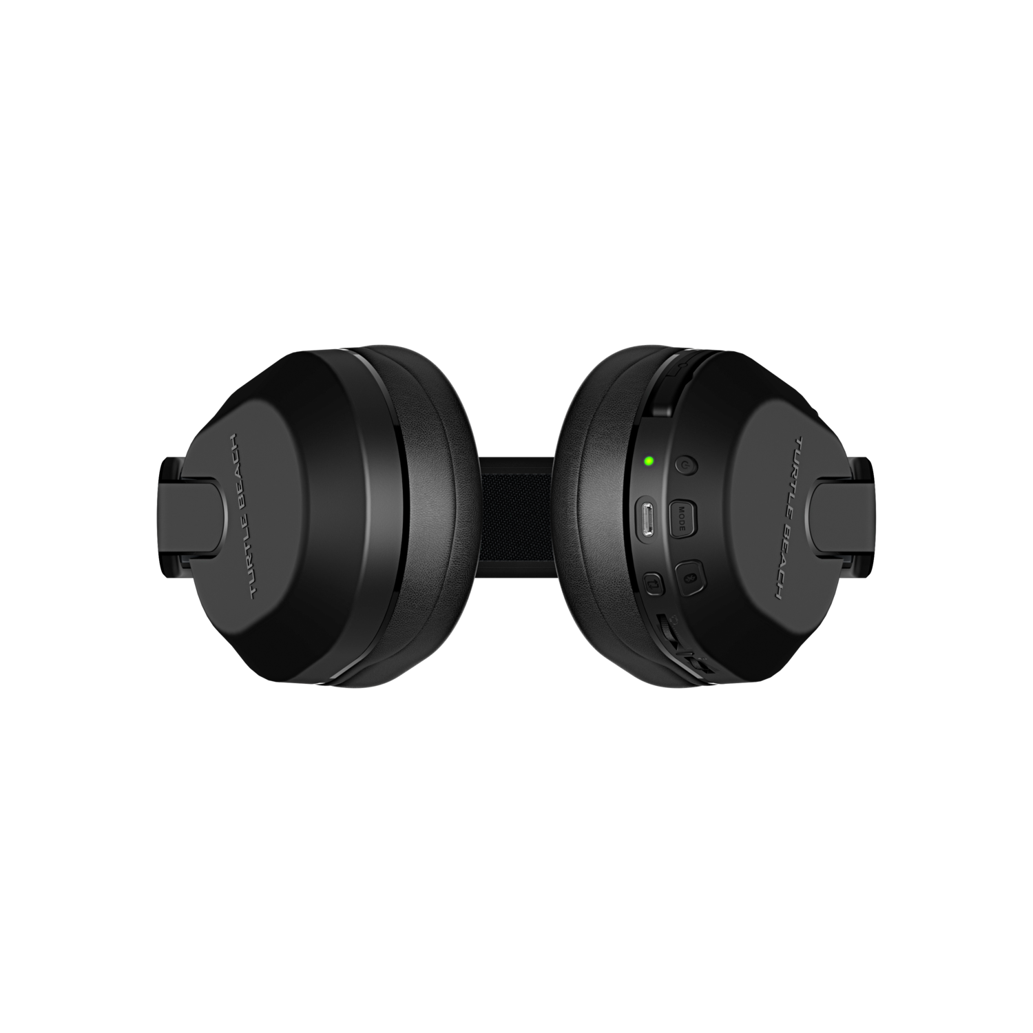 Casque noir sur fond noir. L'écouteur droit affiche le bouton d'alimentation et les commandes de volume.