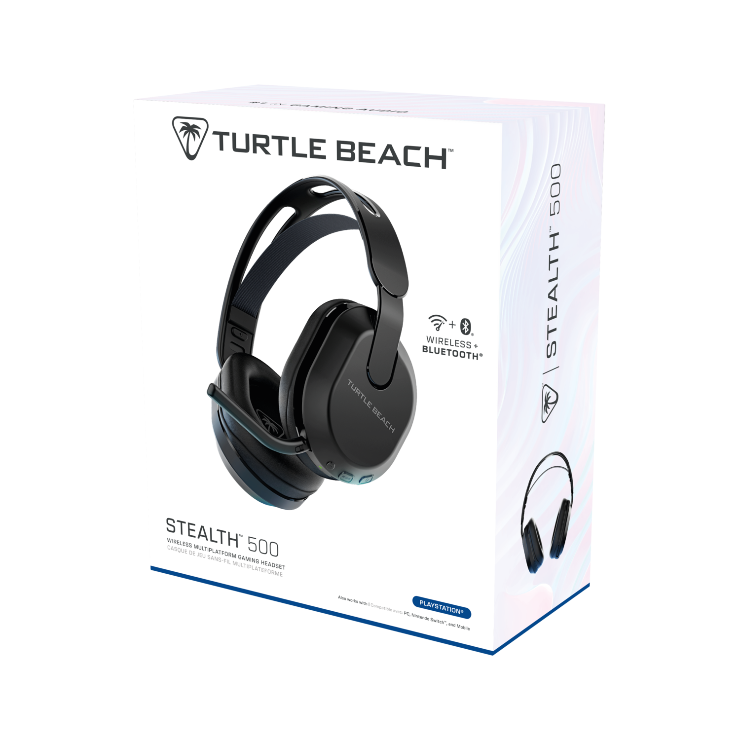 Boîte blanche avec un casque noir et logo, avec texte 'Stealth 500' et 'Turtle Beach'.