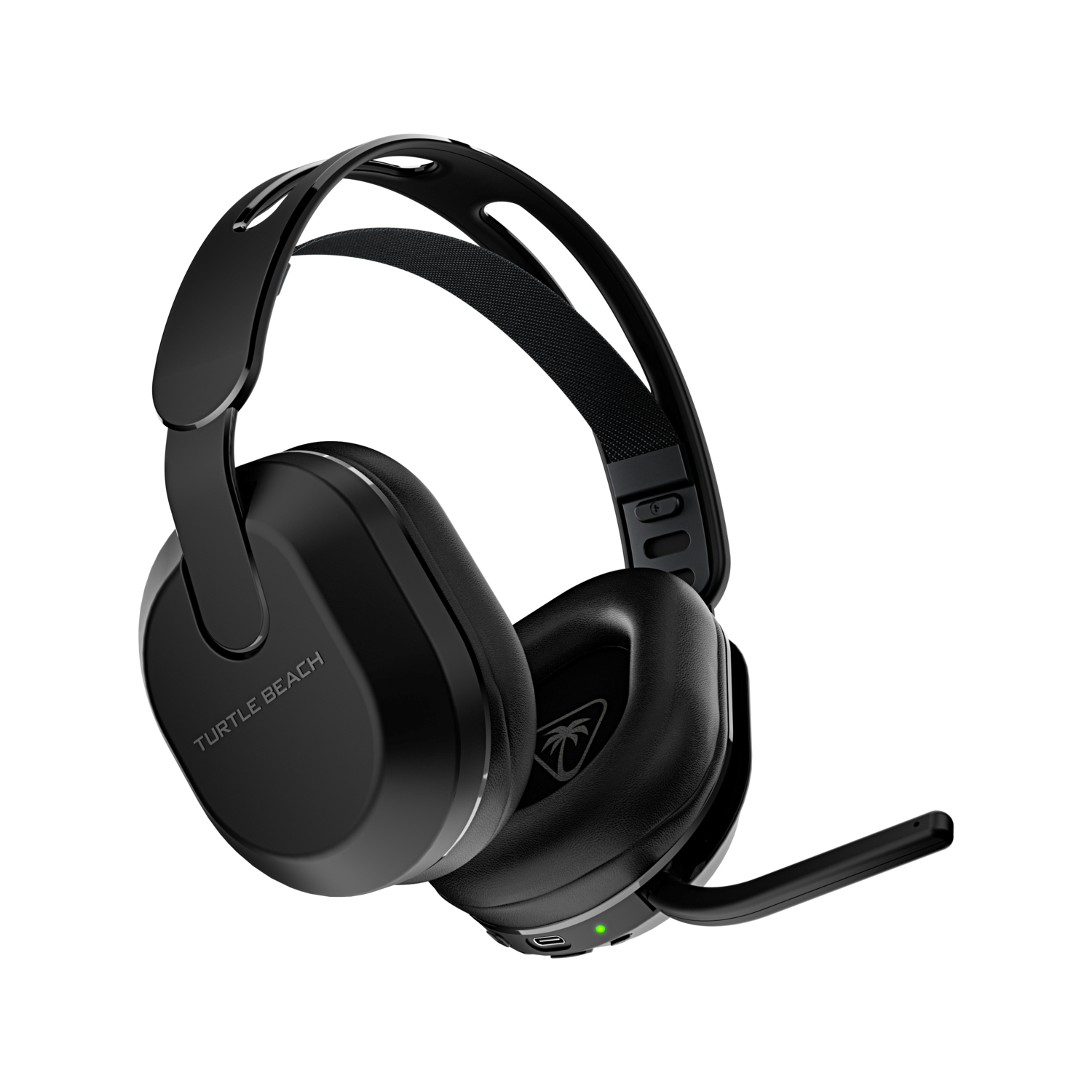 Zwarte Turtle Beach gaming headset met microfoon. Op een zwarte achtergrond.
