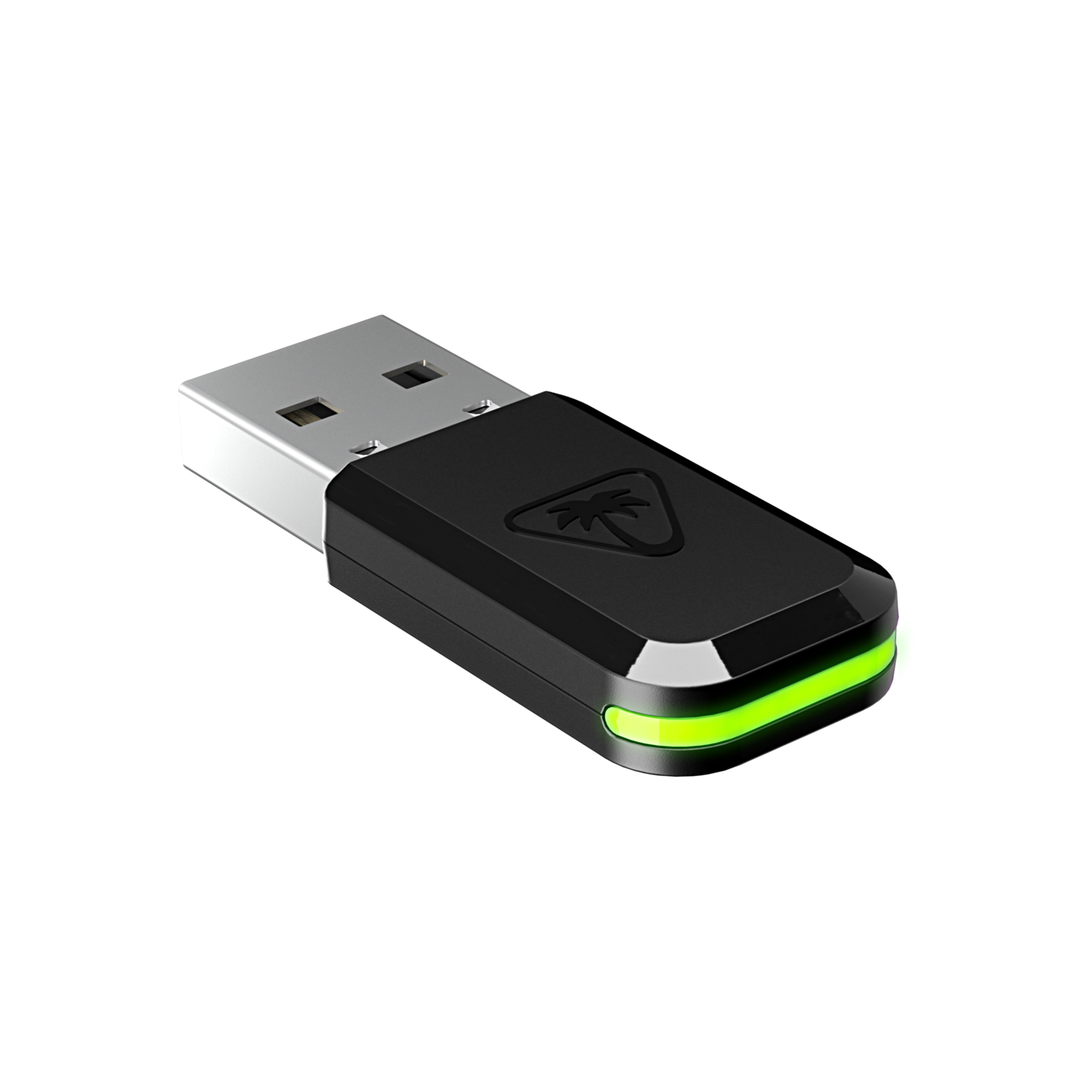 Een zwarte USB-dongle met groen licht.