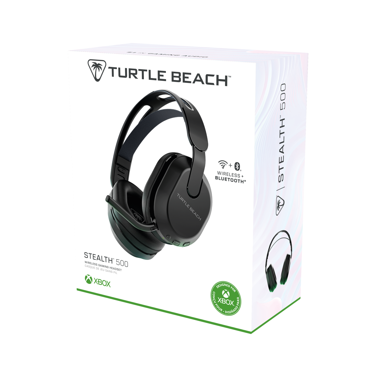 Zwarte headset in een witte doos. De doos heeft ook de merknaam en het model.