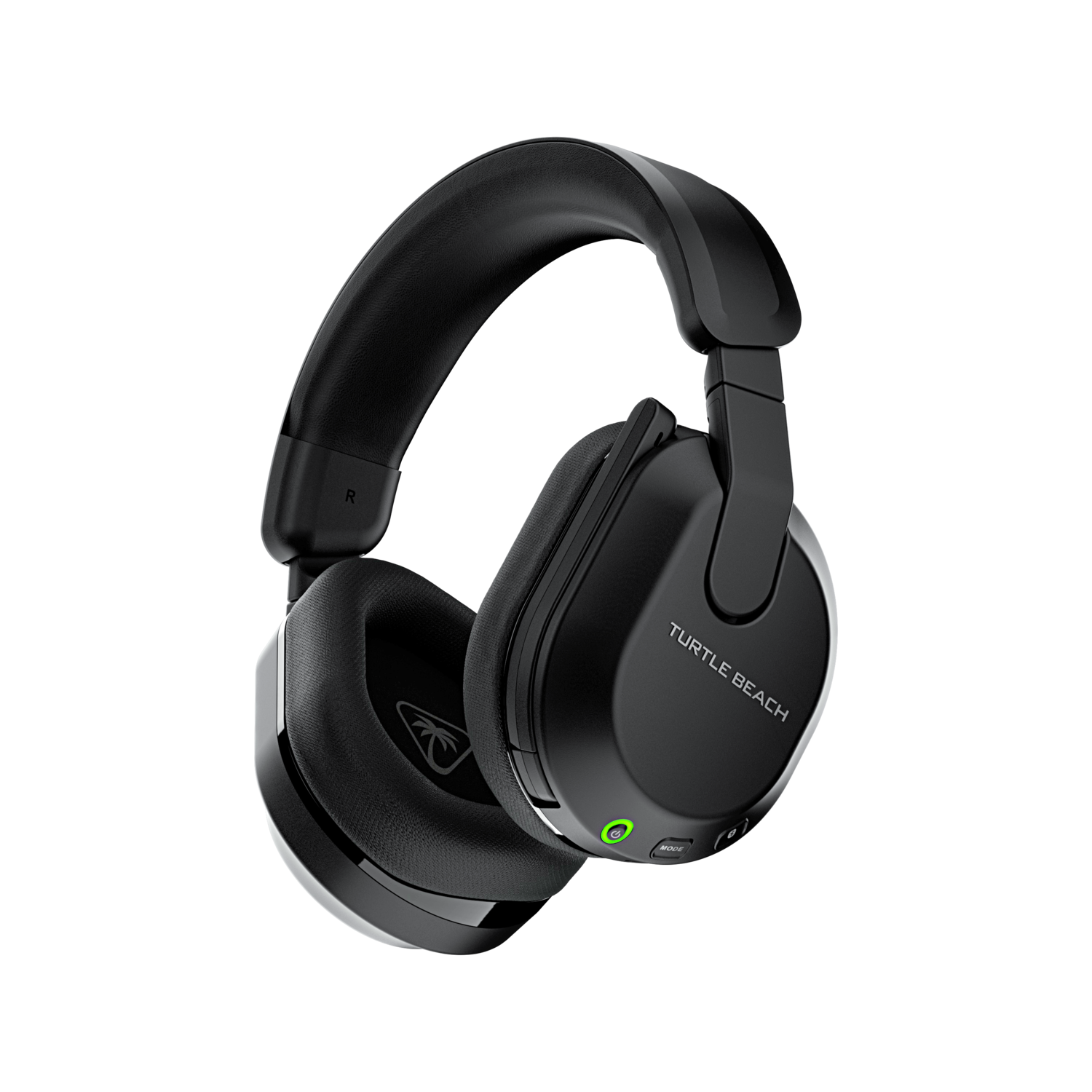 Casque gaming Turtle Beach noir avec oreillettes, micro et commandes, fond noir.