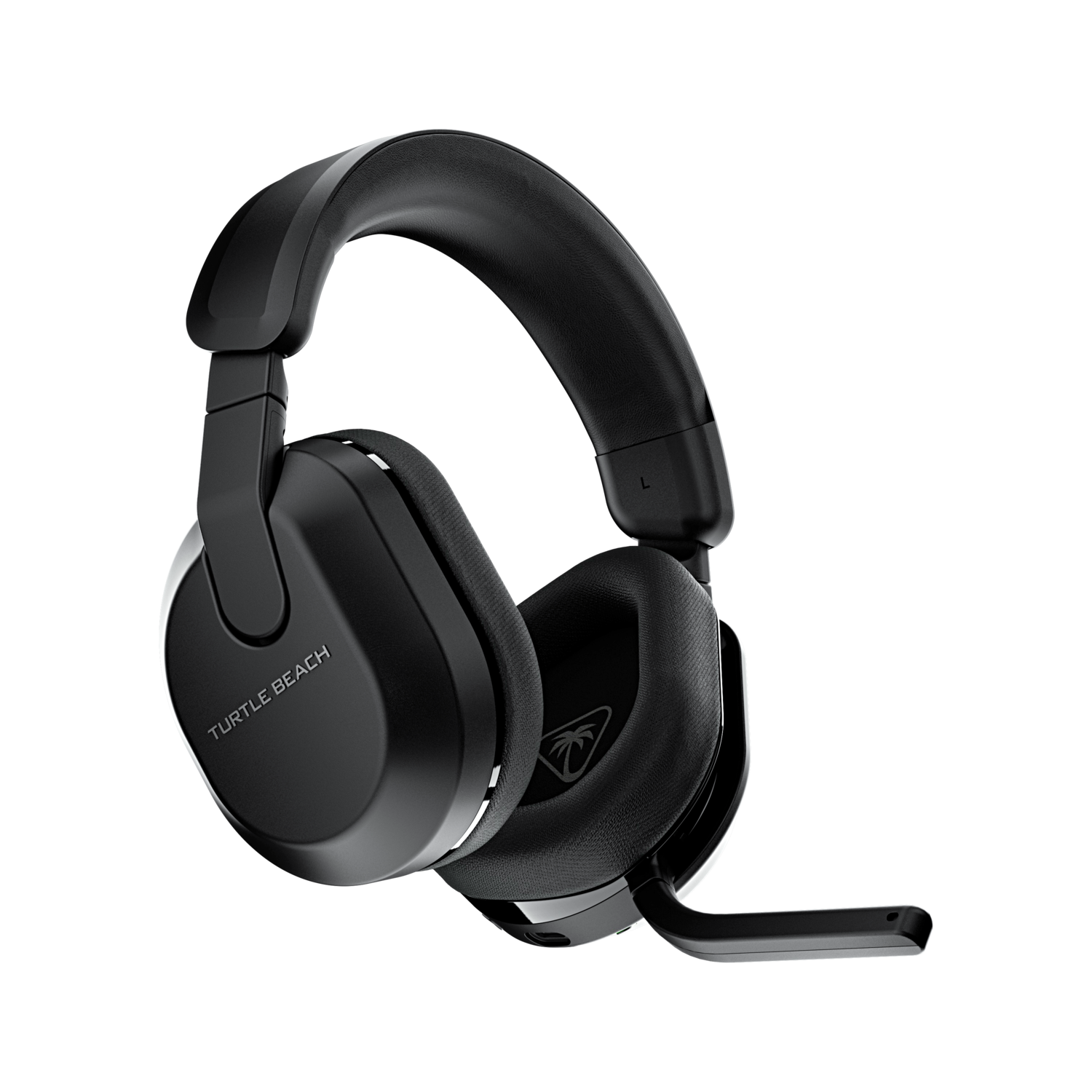 Casque de jeu Turtle Beach noir avec un microphone. Le casque est sur fond noir.