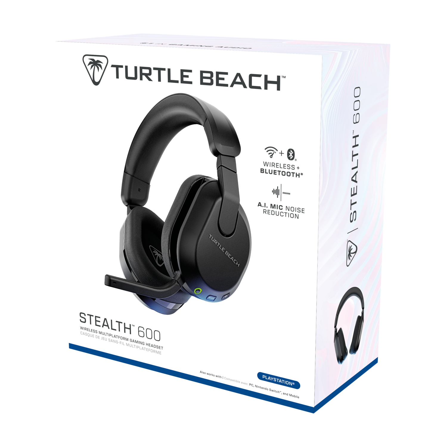 Boîte du casque Turtle Beach Stealth 600, boîte blanche avec image et texte du casque.