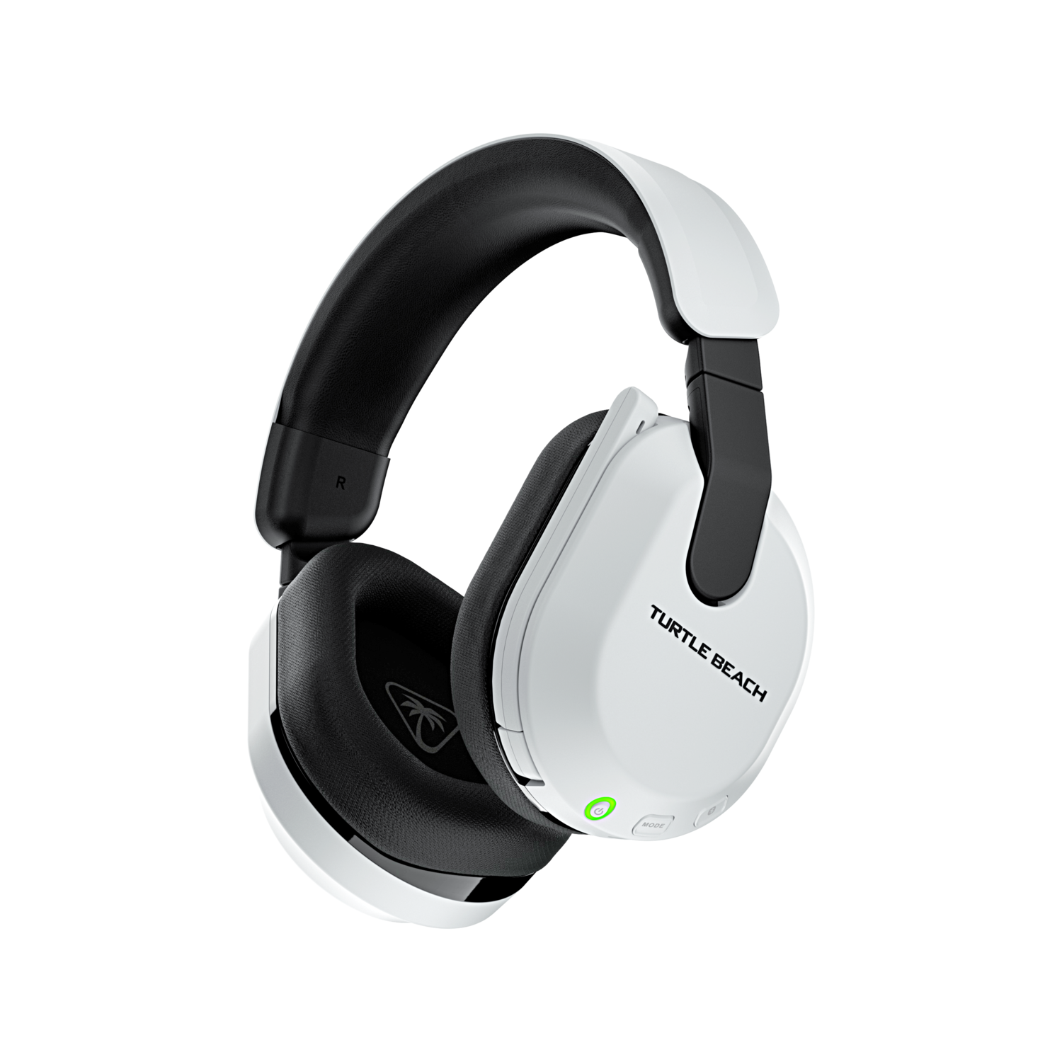 Witte en zwarte Turtle Beach headset, schuin op een zwarte achtergrond. De rechter oorschelp heeft een klein groen licht.