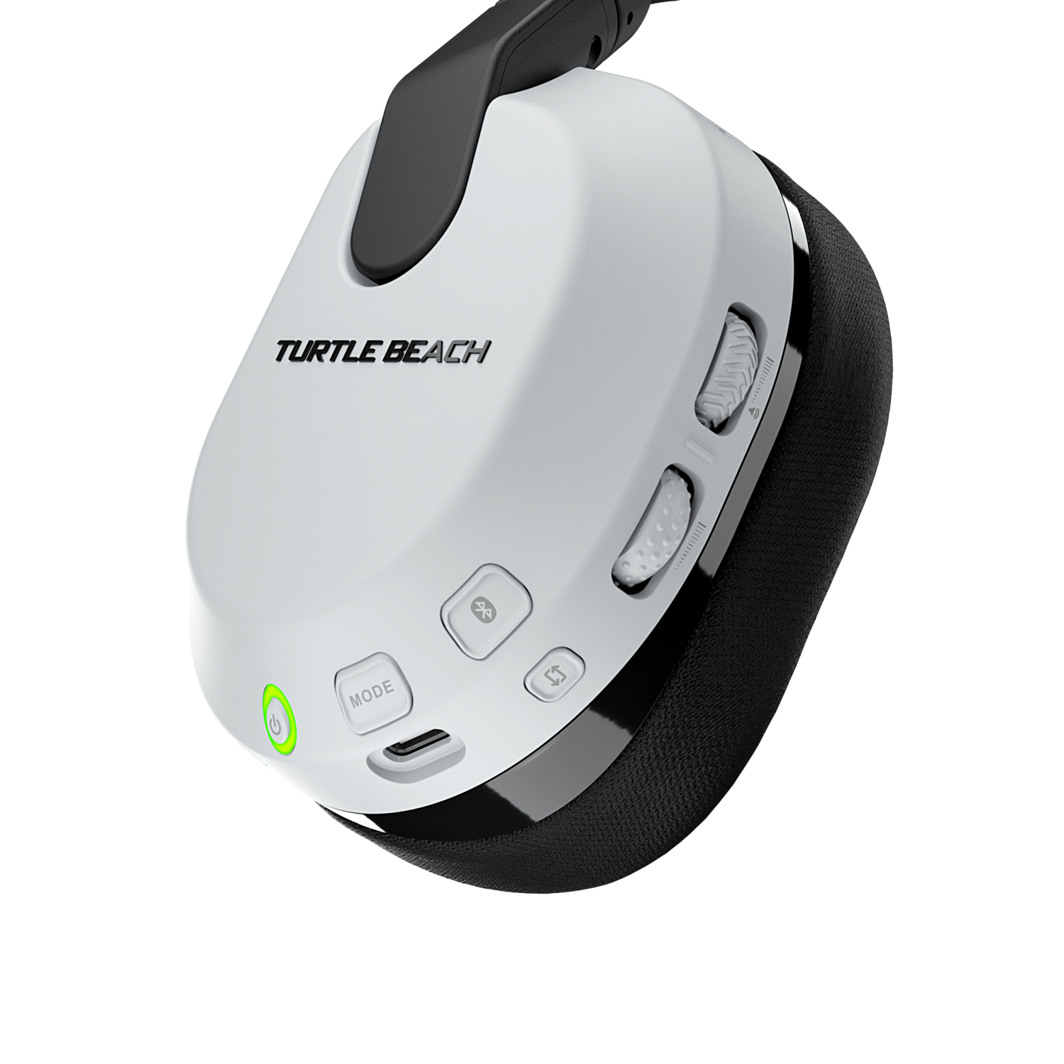Witte gaming headset met bedieningselementen en het Turtle Beach logo, tegen een zwarte achtergrond.