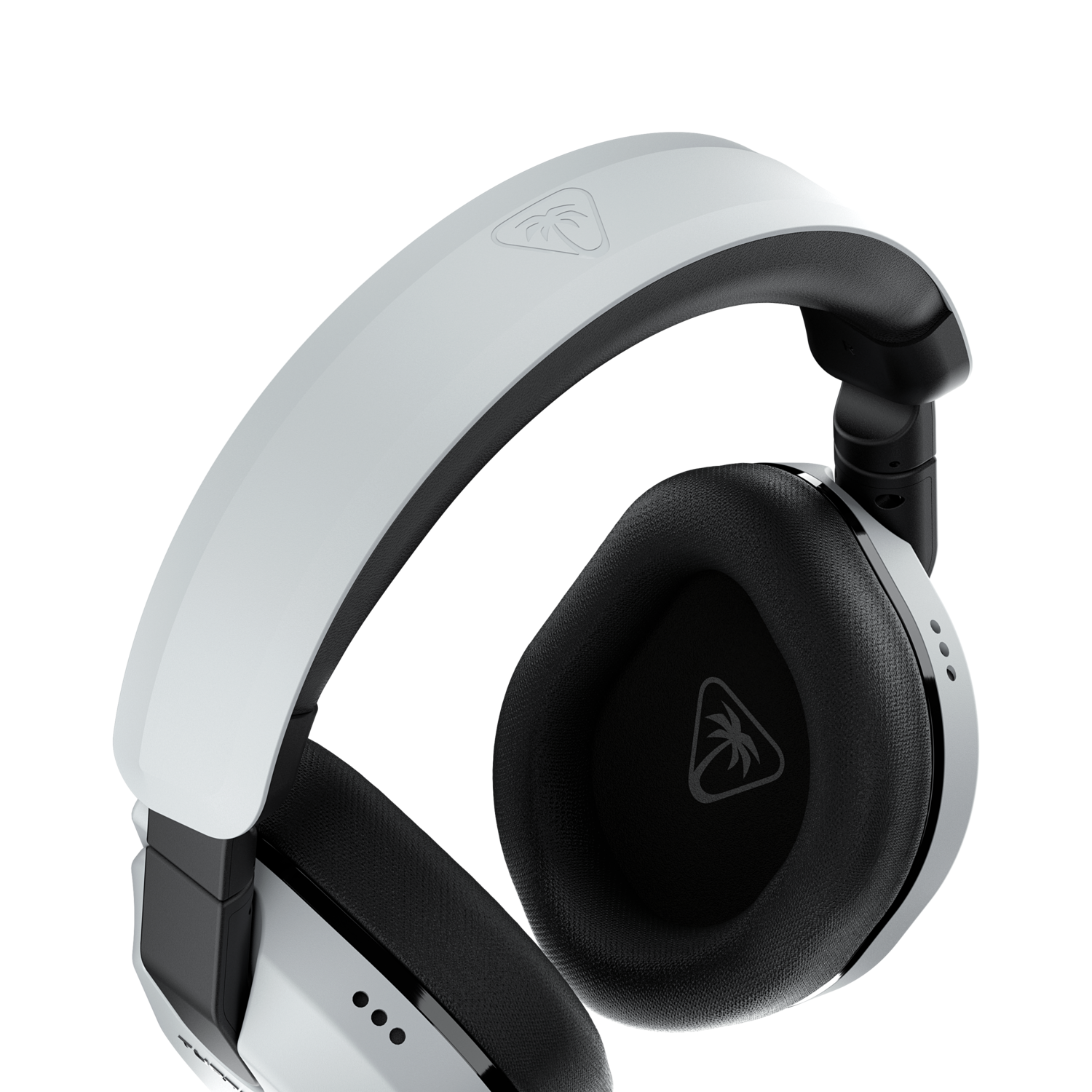 Witte en zwarte gamingheadset. Witte band, zwarte oorschelpen, logo aan de zijkant.